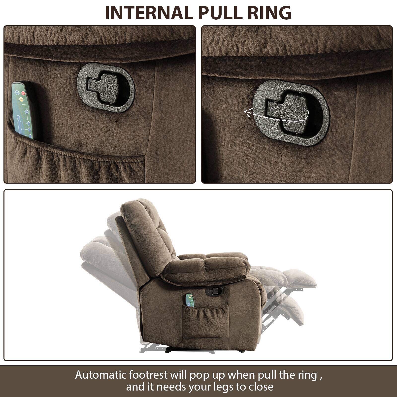 The text on the image reads: "INTERNAL PULL RING Automatic footrest will pop up when pull the ring 1 and it needs your legs to close."