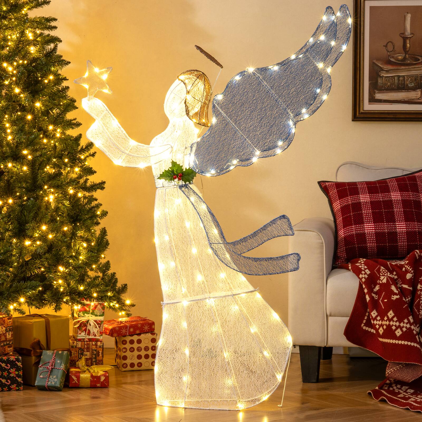 Alt View 1. Costway - Costway 5 Ft Lighted Christmas Angel with Star Halo Spreading Wings Warm White LED Lights - Multicolor.