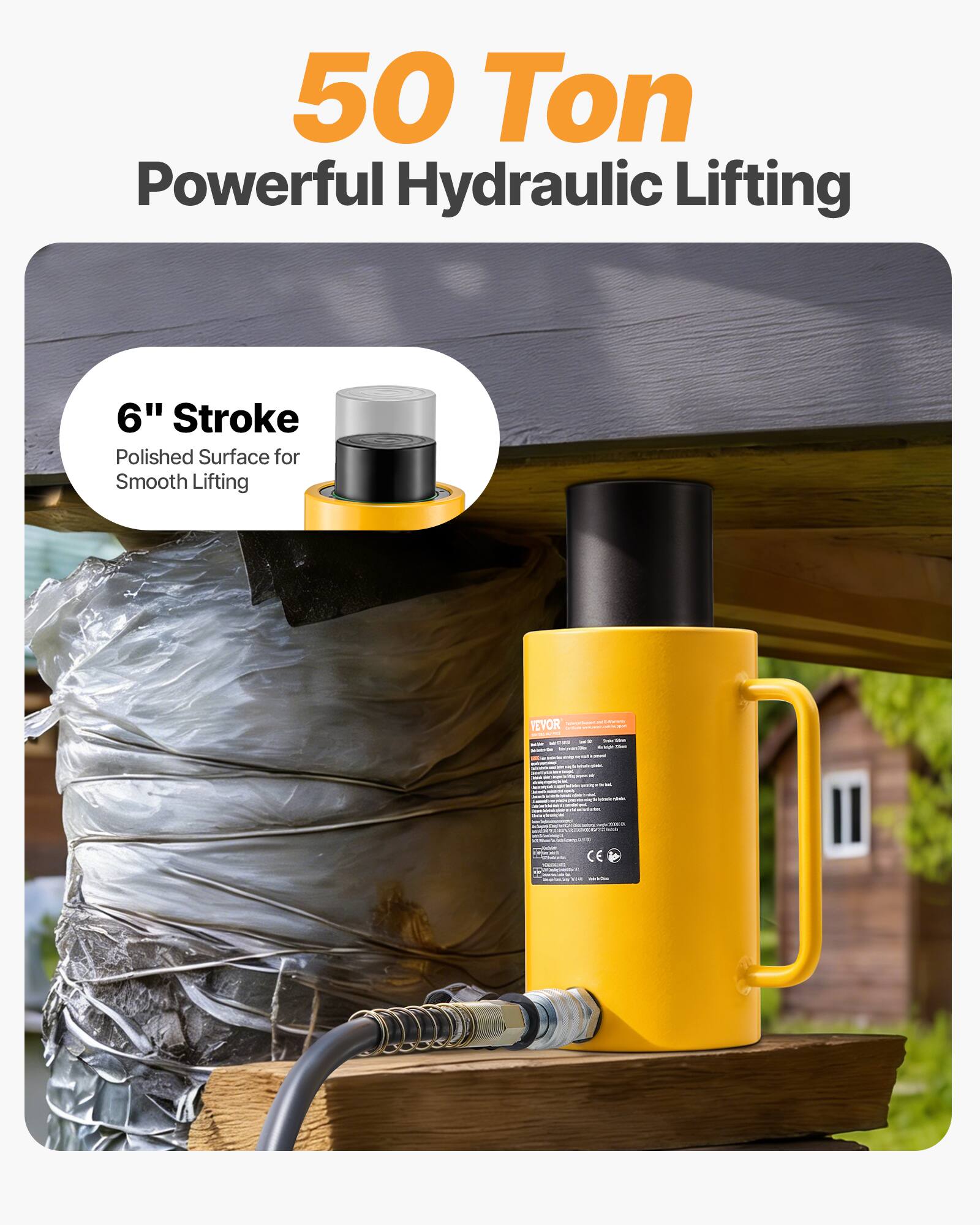 50 Ton Powerful Hydraulic Lifting 6" Stroke Polished Surface for Smooth Lifting TEVOR