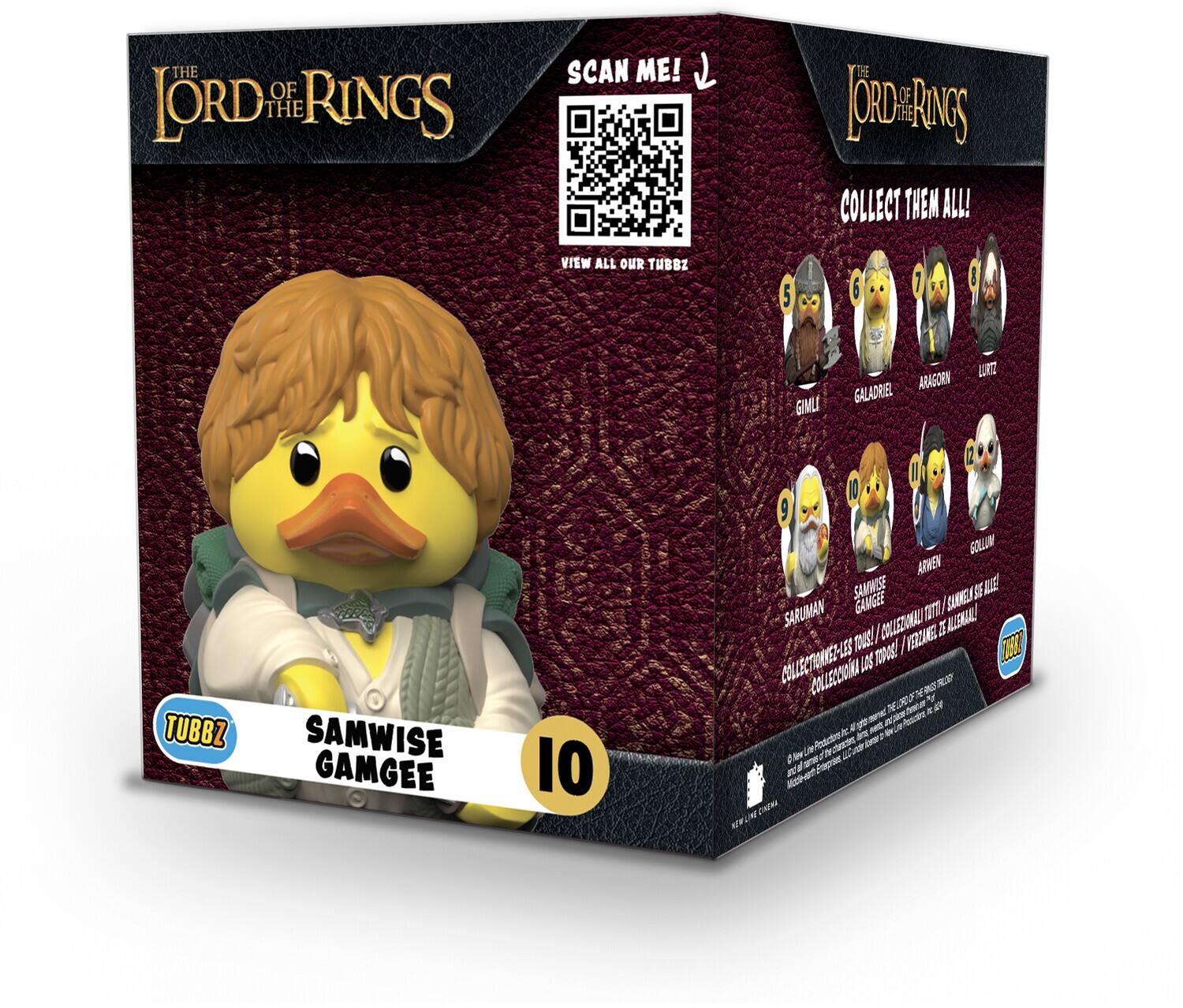 The text on the image is:

"THE LORD OF THE RINGS
SCAN ME!
COLLECT THEM ALL!
VIEW ALL OUR TUBBZ
5 GIMLI
5 ARAGORN
10 GALADRIEL
10 SAMWISE GAMGEE
10 SALLIEN
10 SAMAISE
10 GANGEE
10 SOLLUN
10 APREN
10 SUOKES
SARUMAN
COLLECT THEM ALL!
THE LORD OF THE RINGS
COLLECT THEM ALL!"