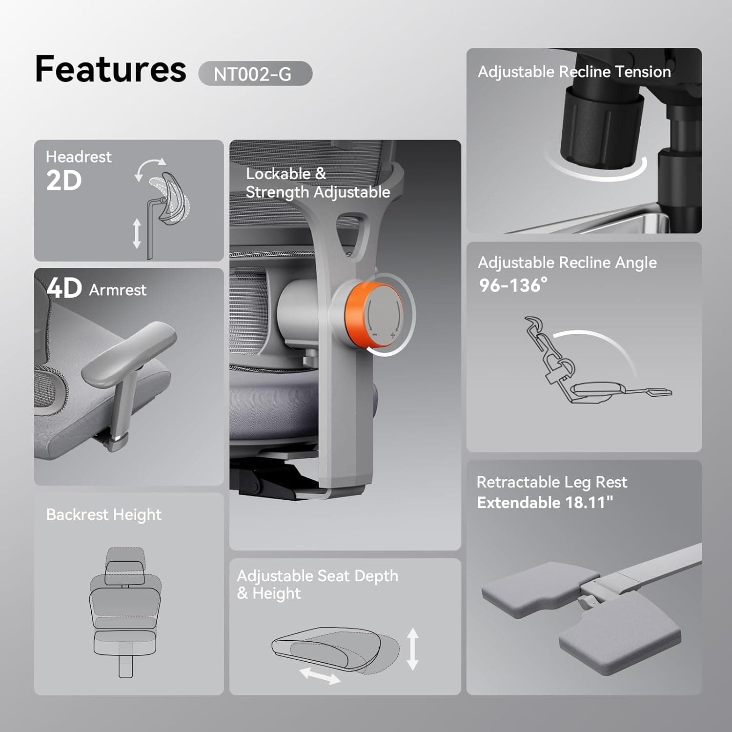 Features NT002-G:
1. Adjustable Recline Tension Headrest
2. 2D Lockable & Strength Adjustable
3. 4D Armrest
4. Adjustable Recline Angle
5. 96-136 Backrest Height
6. Retractable Leg Rest
7. Extendable 18.11"
8. Adjustable Seat Depth & Height