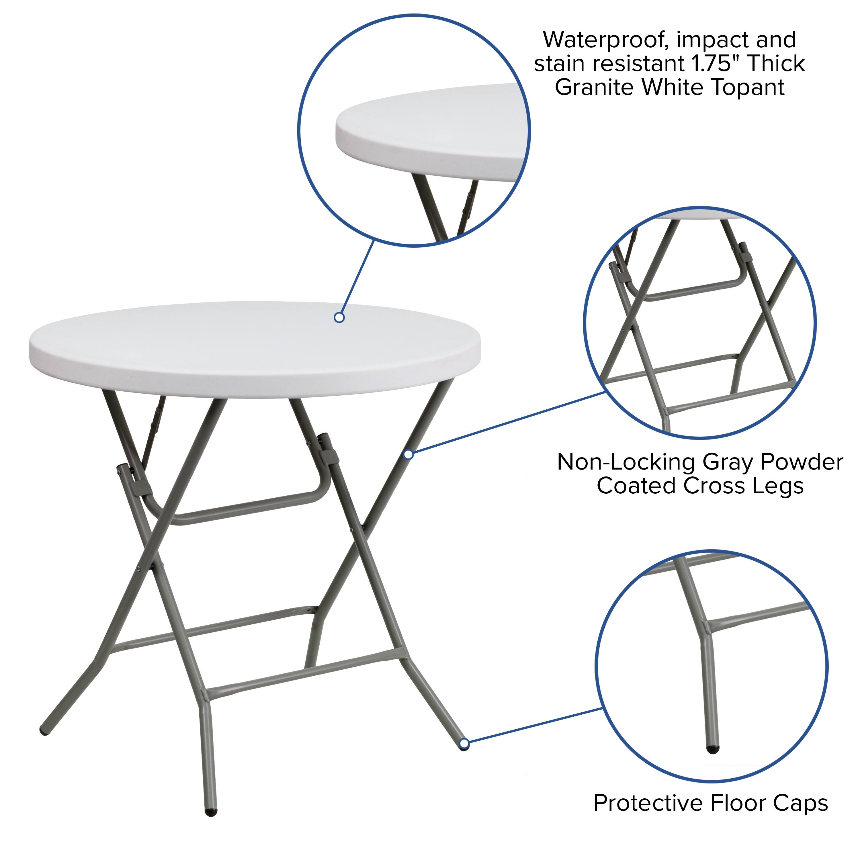 Waterproof, impact and stain resistant 1.75" Thick Granite White Topant  
Non-Locking Gray Powder Coated Cross Legs  
Protective Floor Caps