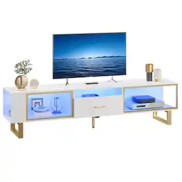 Bestier - 80-inch TV Stand for 65-90 Inch TVs, LED Lights, Half-Glass Drawer & High Gloss Finish - White Glossy