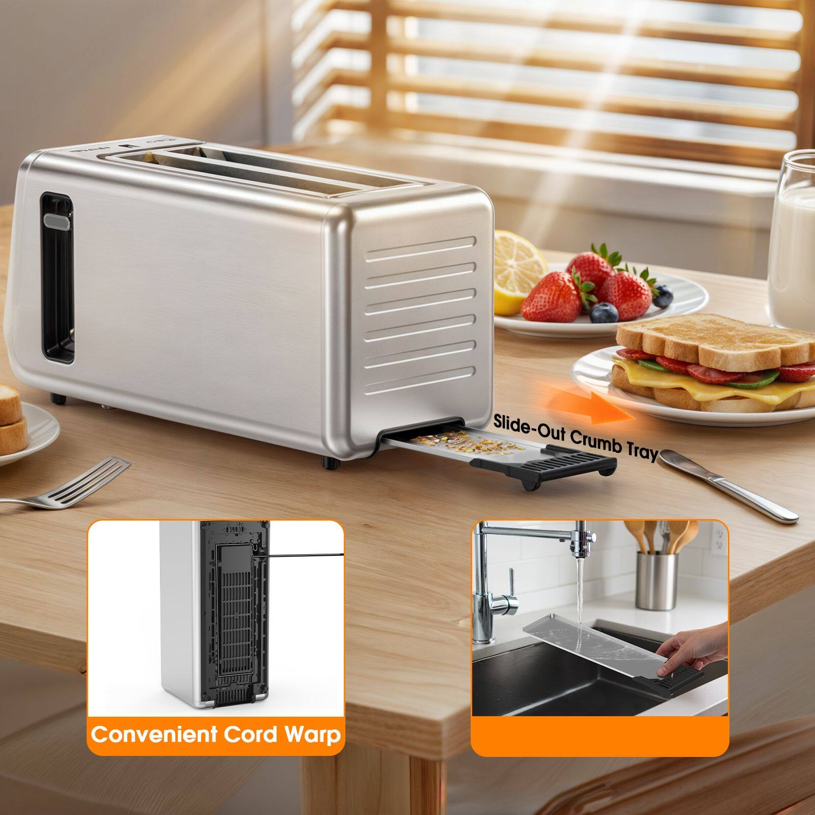 Slide-Out Crumb Tray

Convenient Cord Warp