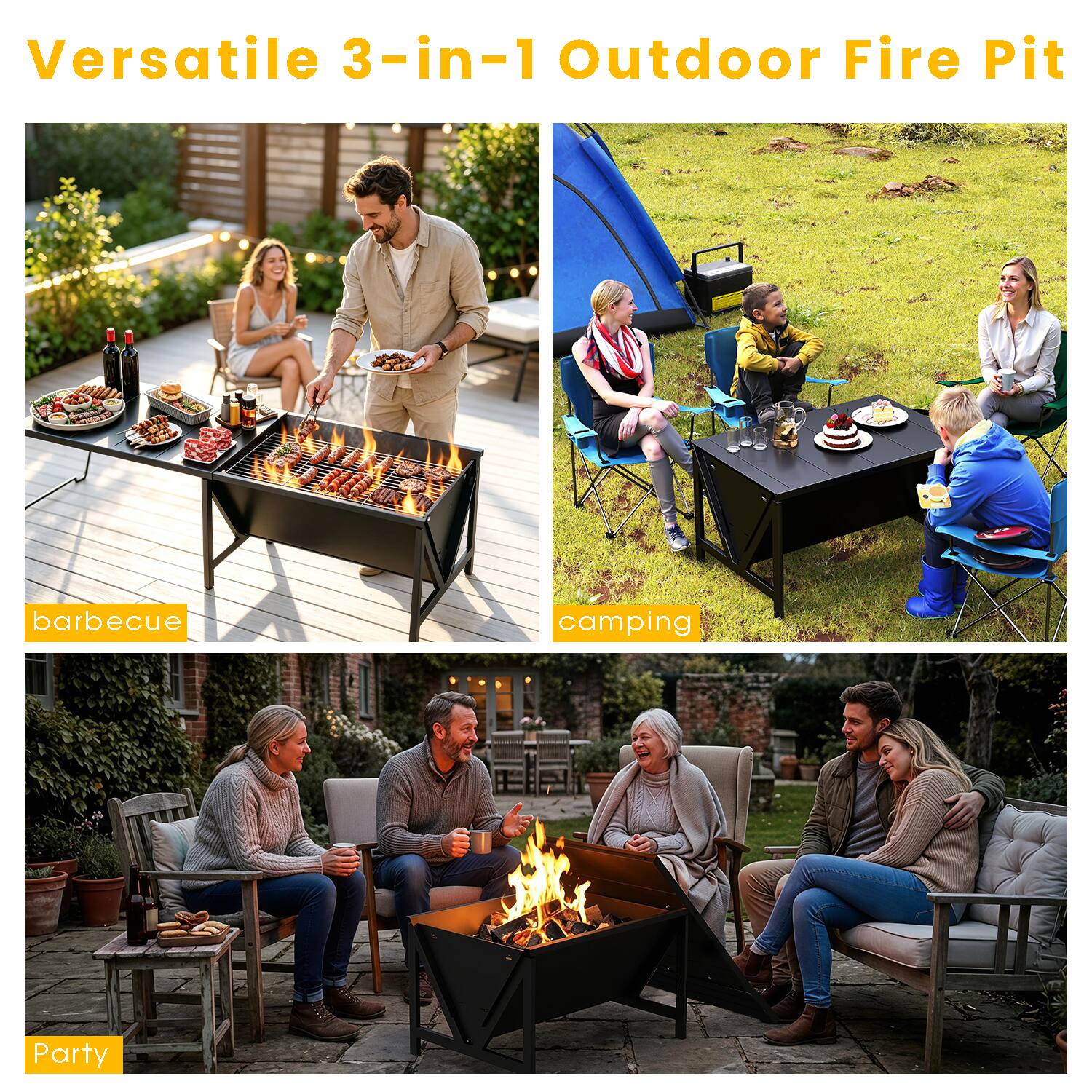 Versatile 3-in-1 Outdoor Fire Pit

- barbecue
- camping
- Party