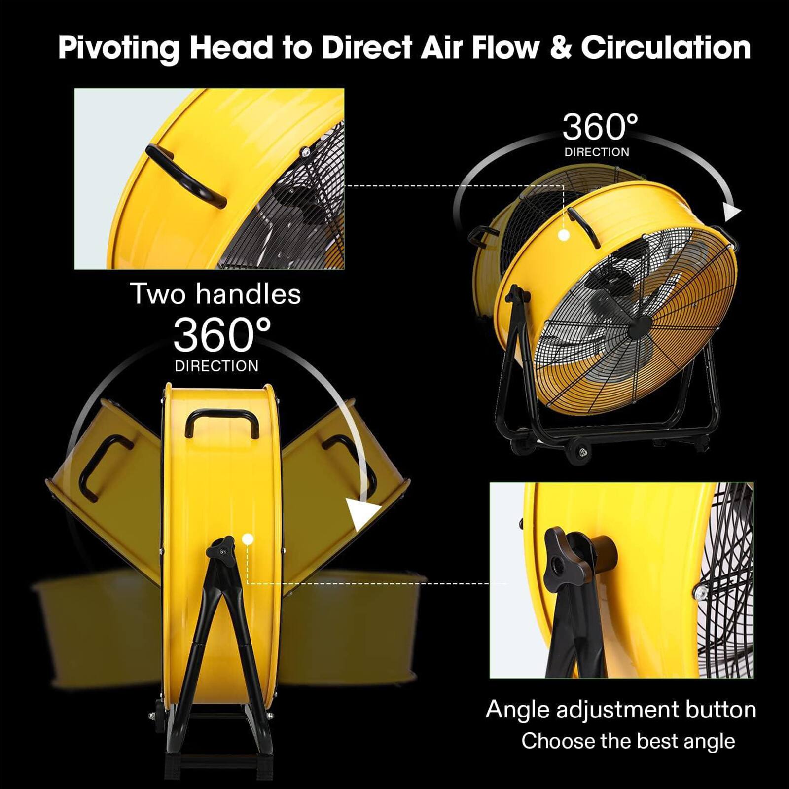 Pivoting Head to Direct Air Flow & Circulation

Two handles 360° DIRECTION

Angle adjustment button Choose the best angle