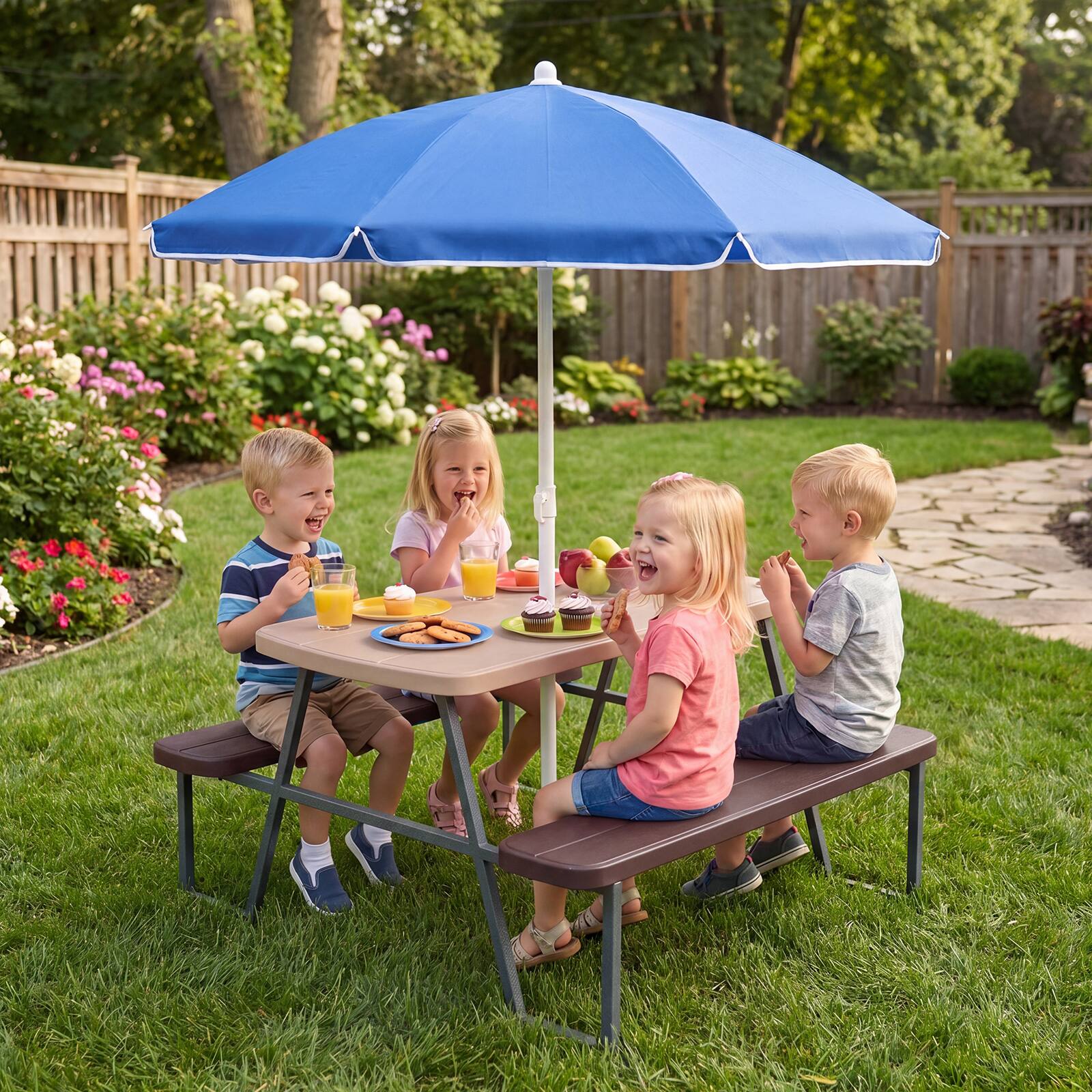 Alt View 1. Costway - Costway Kids Picnic Table with Benches Removable Adjustable Umbrella Metal Frame for Patio - Brown.