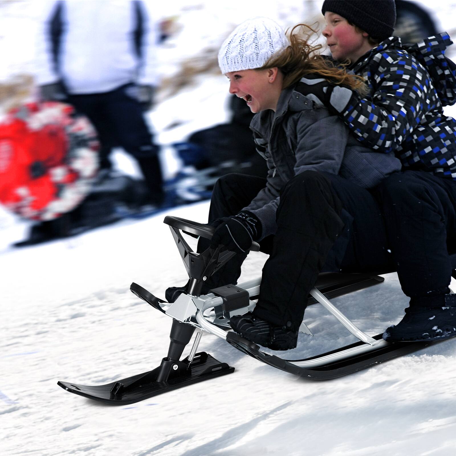 Alt View 16. Costway - Kids Snow Racer Sled w/ Steering Wheel & Double Brakes Pull Rope Snow Slider - Black+Silver.