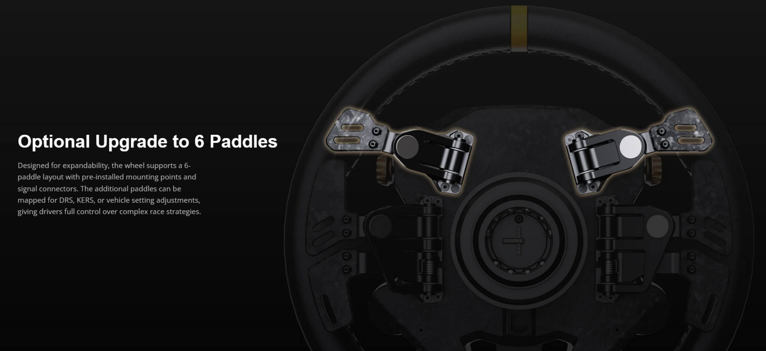 Optional Upgrade to 6 Paddles

Designed for expandability, the wheel supports a 6-paddle layout with pre-installed mounting points and signal connectors. The additional paddles can be mapped for DRS, KERS, or vehicle setting adjustments, giving drivers full control over complex race strategies.