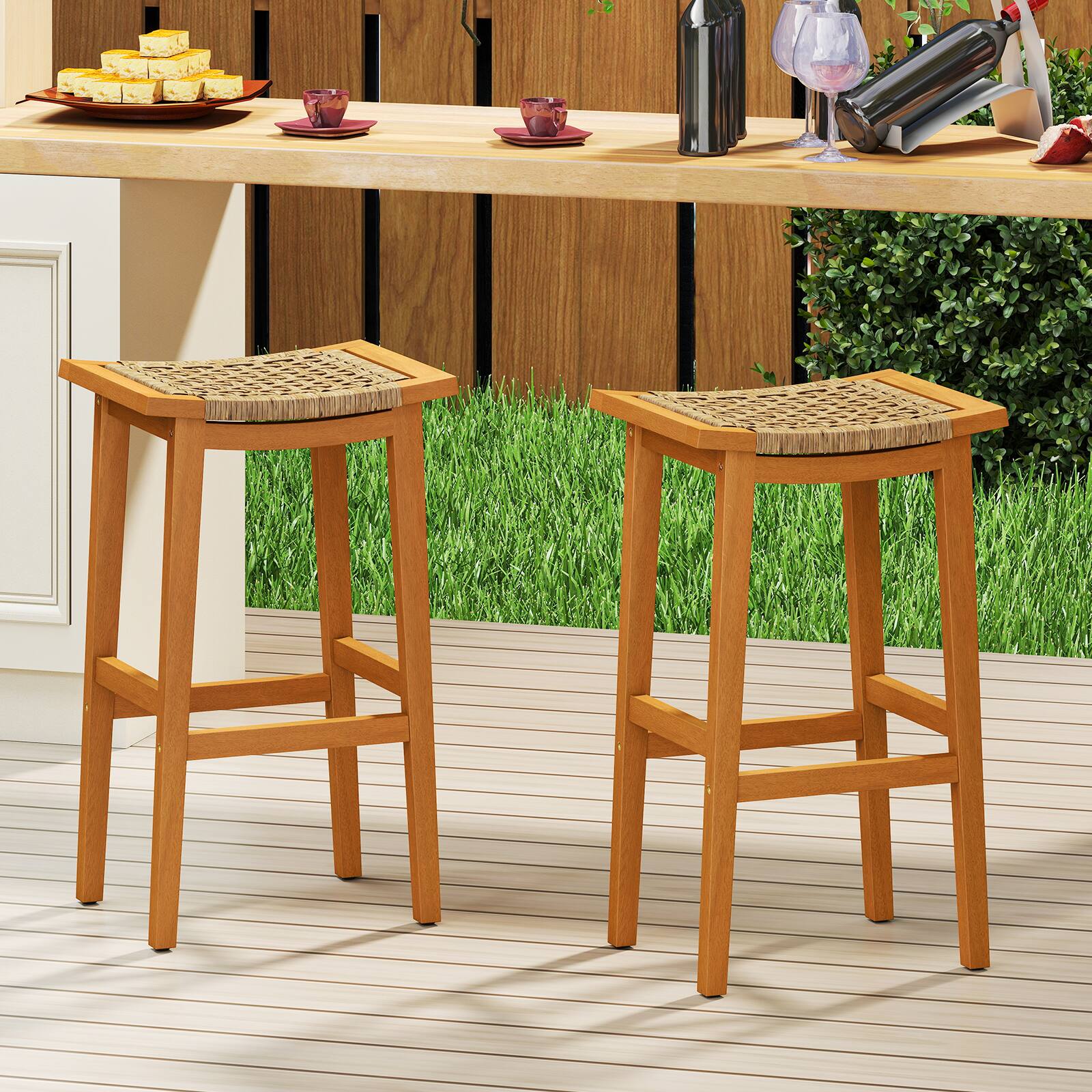 Alt View 5. Gymax - Gymax Outdoor Acacia Wood Bar Stools Set of 4 w/ PE Rattan Seats & Backrests - Yellow.