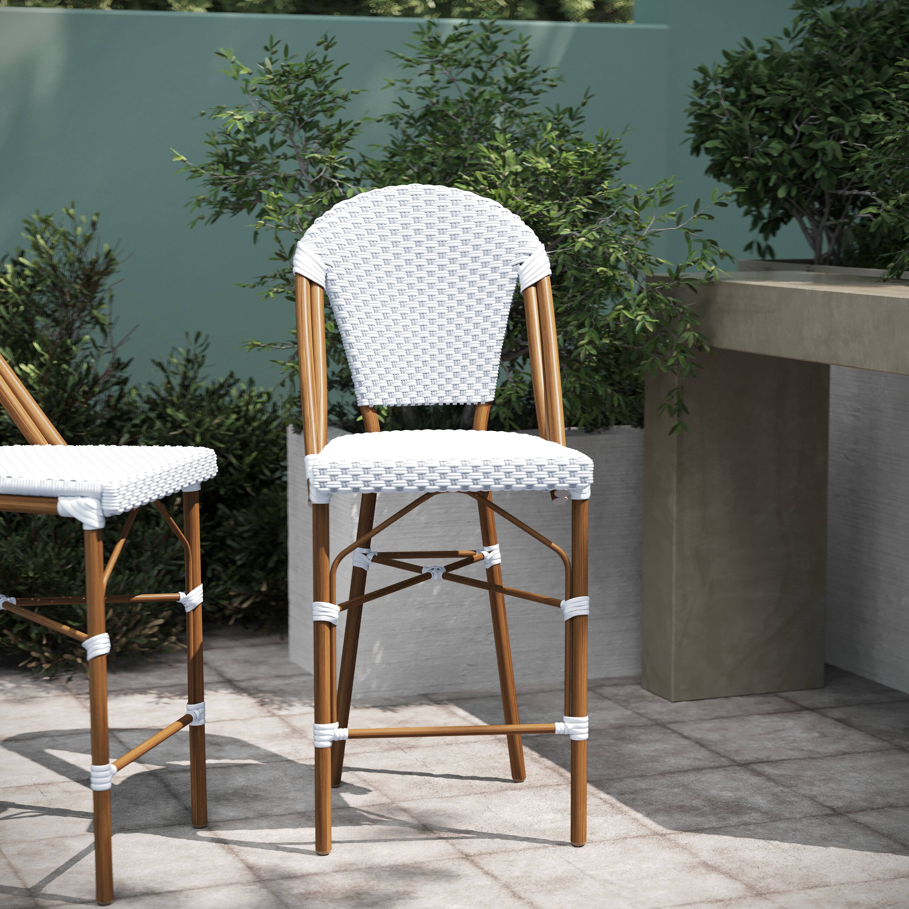Alt View 5. Emma + Oliver - Colmar Set of Two Indoor/Outdoor 26" High Stacking Bistro Counter Stools with Patterned Seat and Back and Metal Frames - White & Gray/Natural Frame.