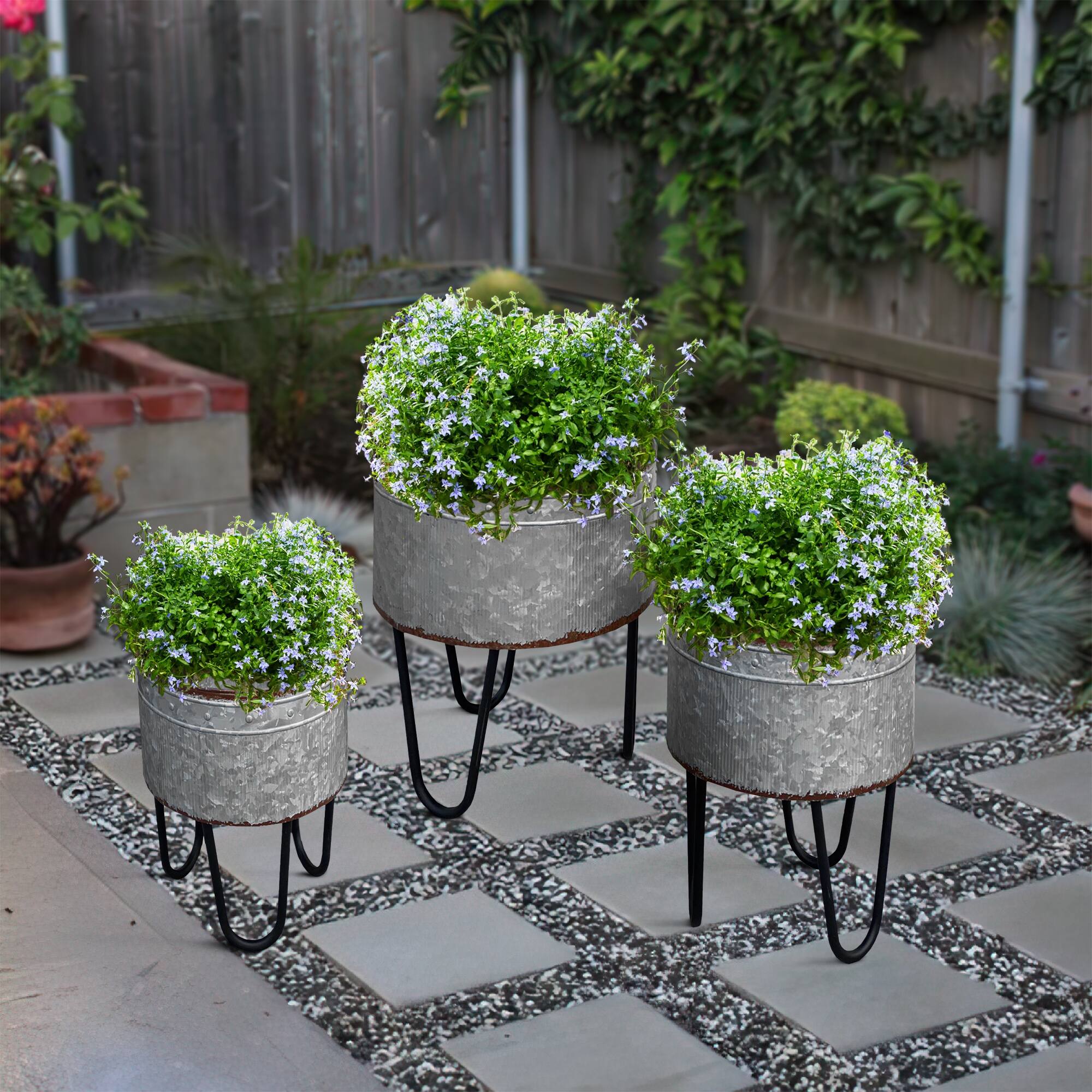 Alt View 5. Manhattan Lane - Galvanized Sheet Planter Tubs, Iron Powder Coated Hairpin Legs, Set of 3 - Gray and Black.