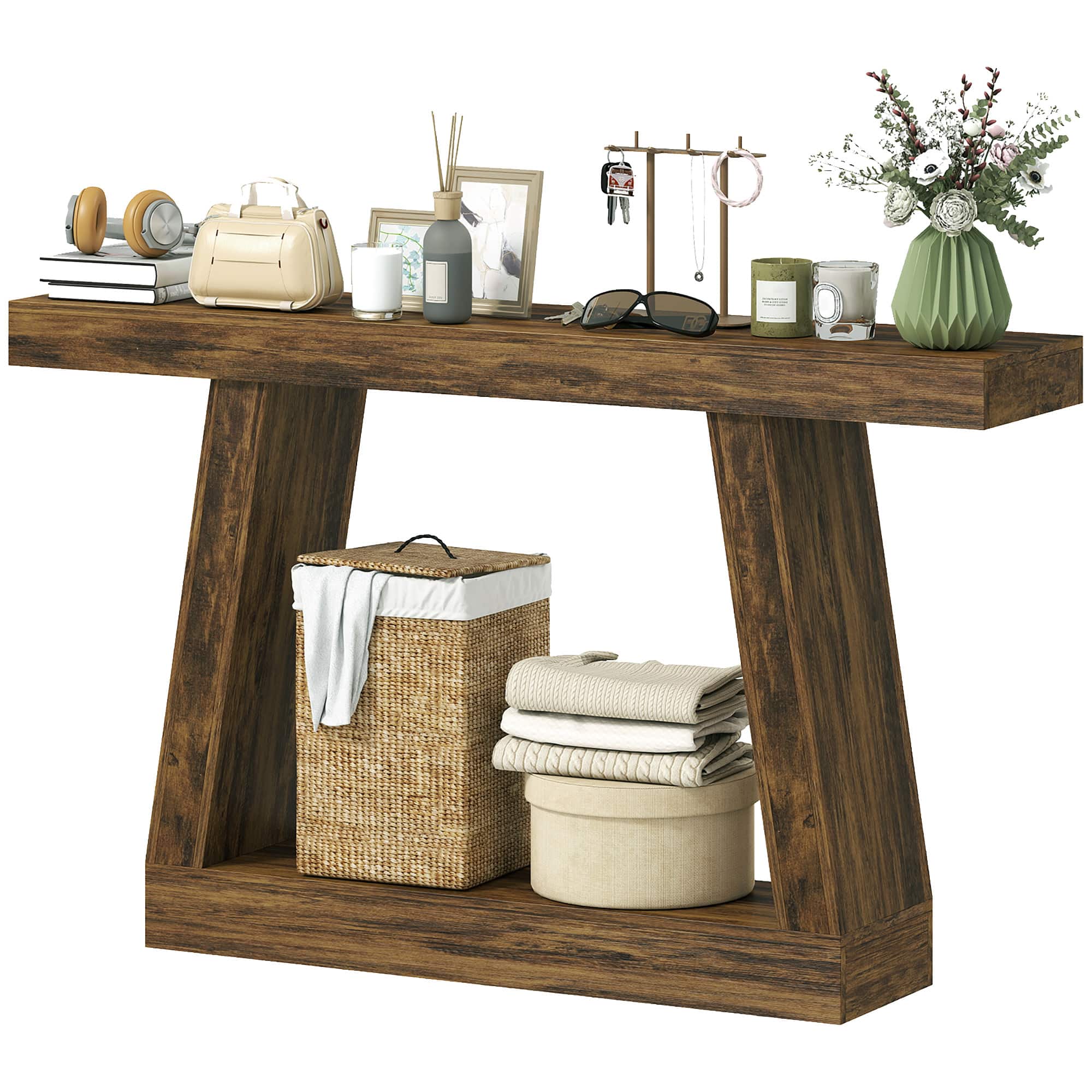 Homcom - Farmhouse Console Table, 2-Tier Entryway Table with Storage for Hallway, Living Room, Behind Couch - Dark brown