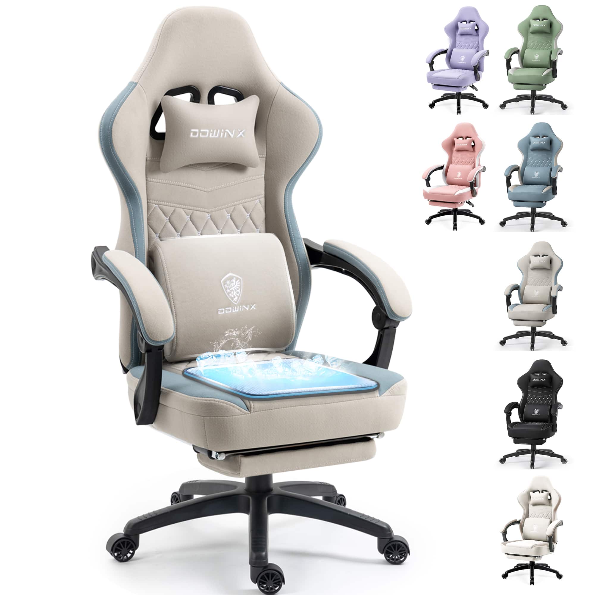 Dowinx - Gaming Chair with Pocket Spring Cushion, Breathable Fabric Computer Chair with Gel Pad, Reclining Office Chair - Gray