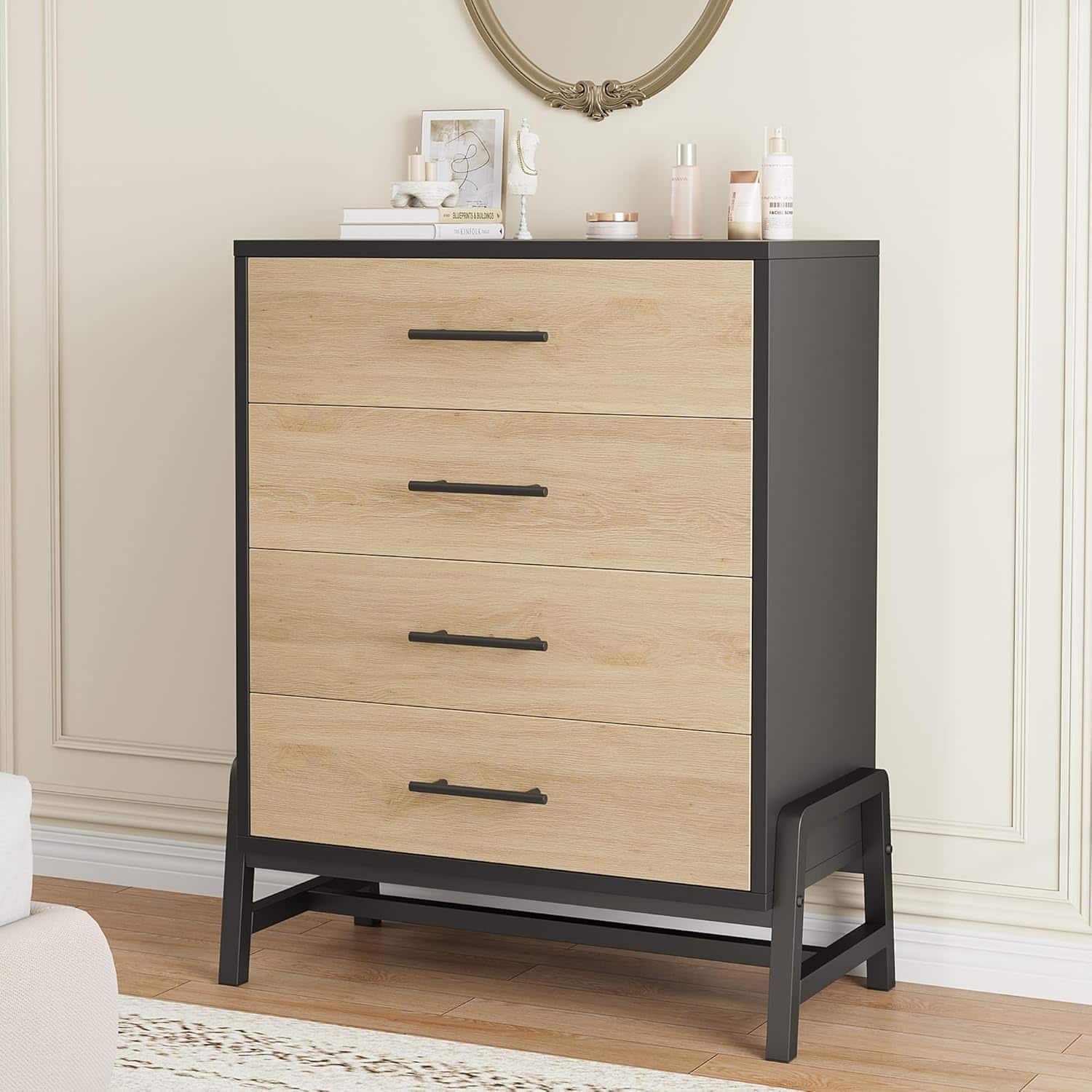 GARVEE - 38.6" Tall 4-Drawer Dresser, Freestanding Wooden Storage Chest for Bedroom, Entryway & Living Room, Natural Oak + Black - ‎Natural Oak + Black