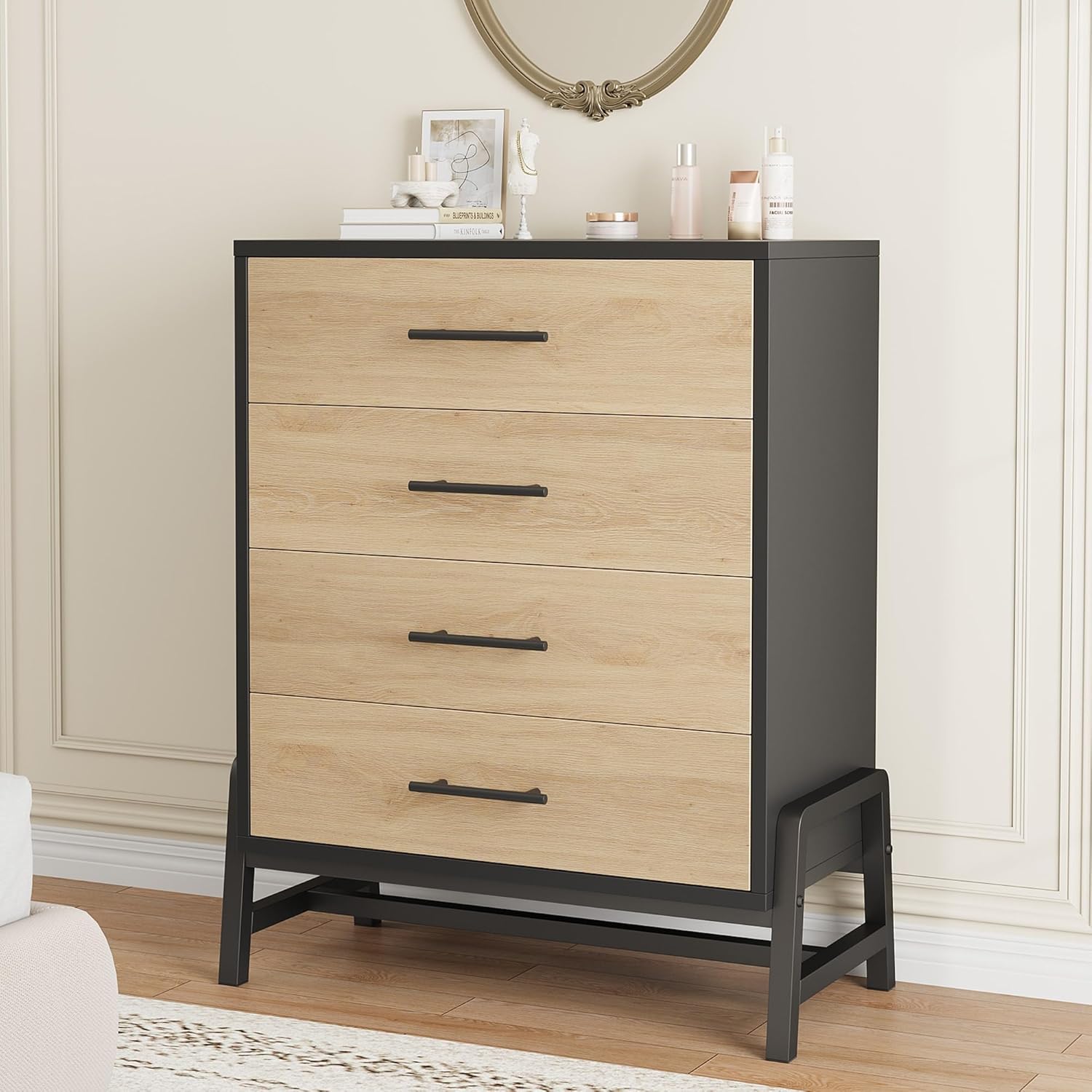 Front. GARVEE - 38.6" Tall 4-Drawer Dresser, Freestanding Wooden Storage Chest for Bedroom, Entryway & Living Room, Natural Oak + Black - ‎Natural Oak + Black.