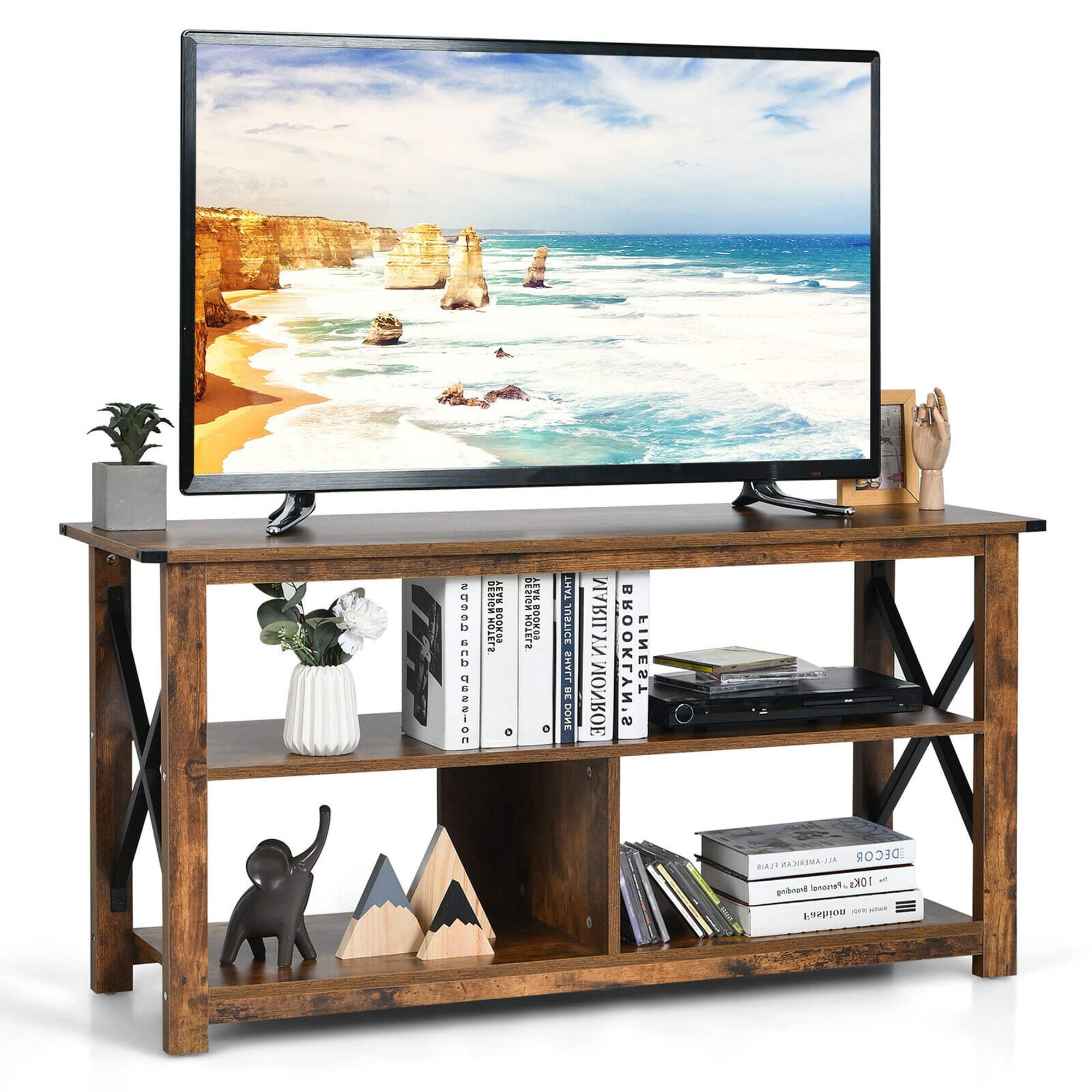 Gymax - Modern Farmhouse TV Stand Entertainment Center for TV's up to 55'' w/Open Shelves - Rustic Brown