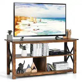 Gymax - Modern Farmhouse TV Stand Entertainment Center for TV's up to 55'' w/Open Shelves - Rustic Brown