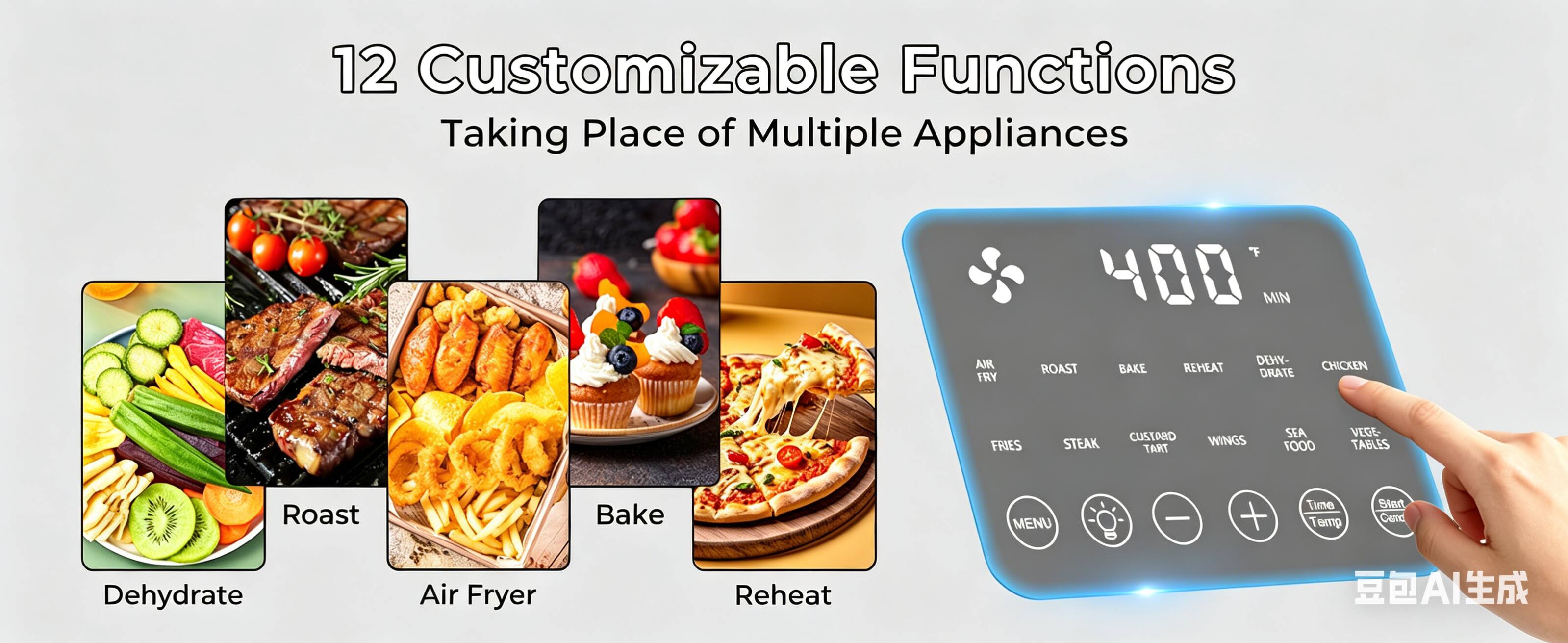 12 Customizable Functions  
Taking Place of Multiple Appliances  

T MIN AIR FRY ROAST BAKE REHEAT DEHYDRATE  
CHICKEN FRIES STEAK CUSTARD WINGS SEA FOOD VEGETABLES  

Roast Bake MENU + lime Temp Blad Came Dehydrate Air Fryer Reheat