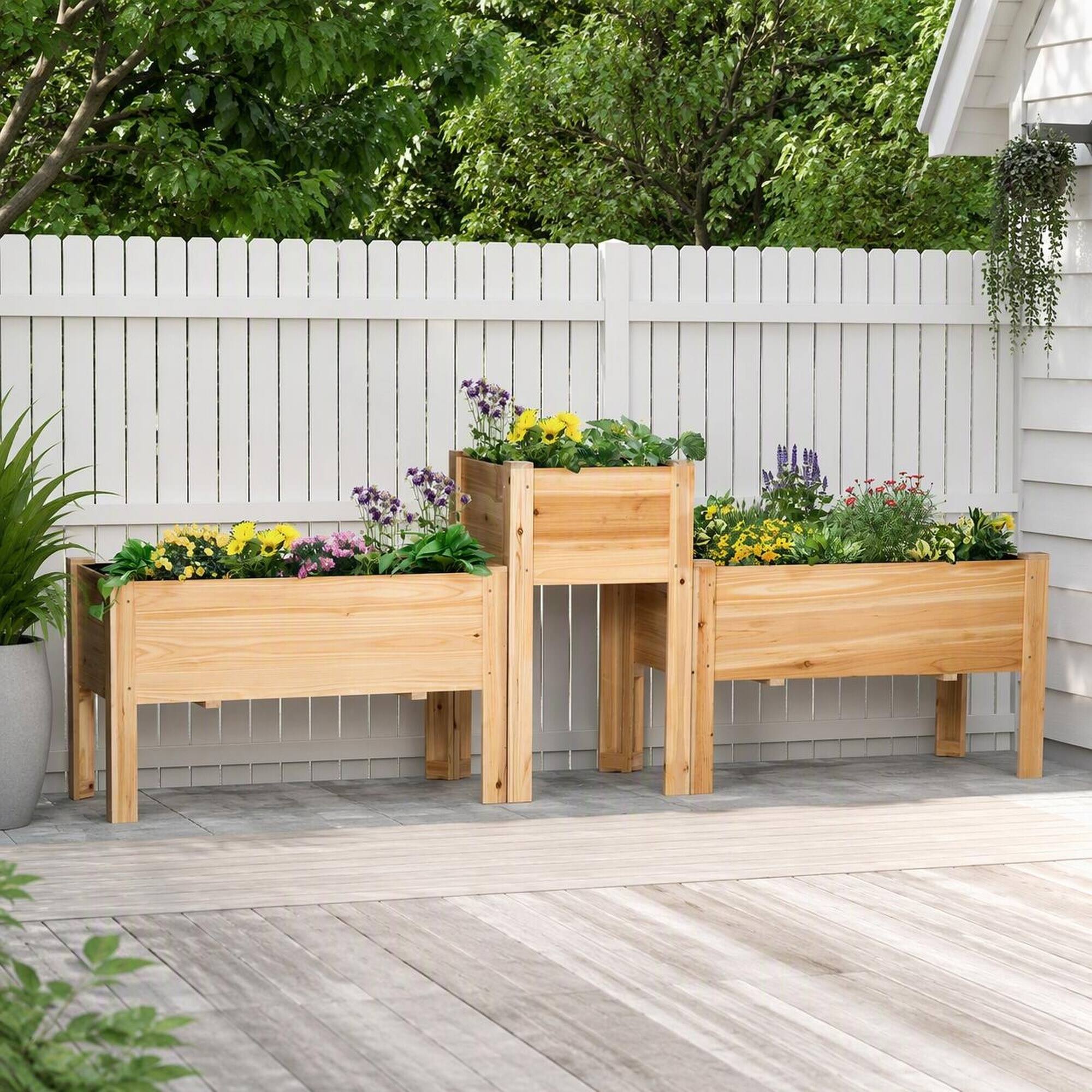 Back. RYHNUYNE - 3-Piece Wooden Raised Garden Bed Set with Legs and Liner for Vegetables Herbs Flowers in Backyard Patio, Natural - Natural Wood.