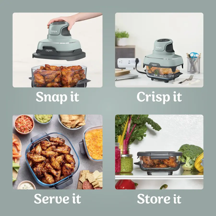 The text on the image is grouped as follows:

1. Snap it: The image shows a person taking a picture of a meal with a cell phone.
2. Crisp it: The image shows a food processor with a bowl of food in it.
3. Serve it: The image shows a person serving food from a bowl.
4. Store it: The image shows a refrigerator with a bowl of food in it.