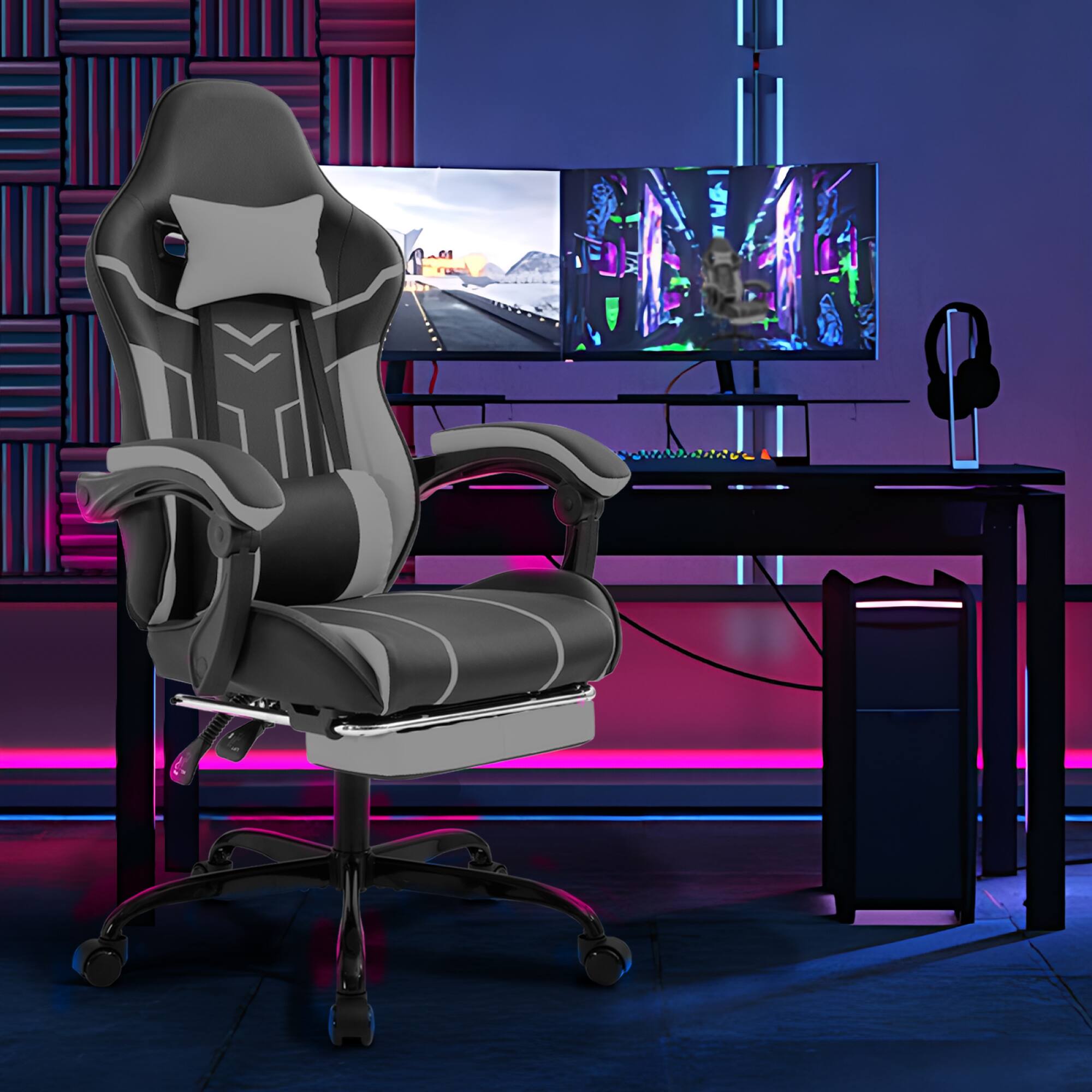 Alt View 2. GOODSILO - Ergonomic Gaming Chair with Lumbar Support and Retractable Footrest for Enhanced Comfort and Posture - Black+Gray.