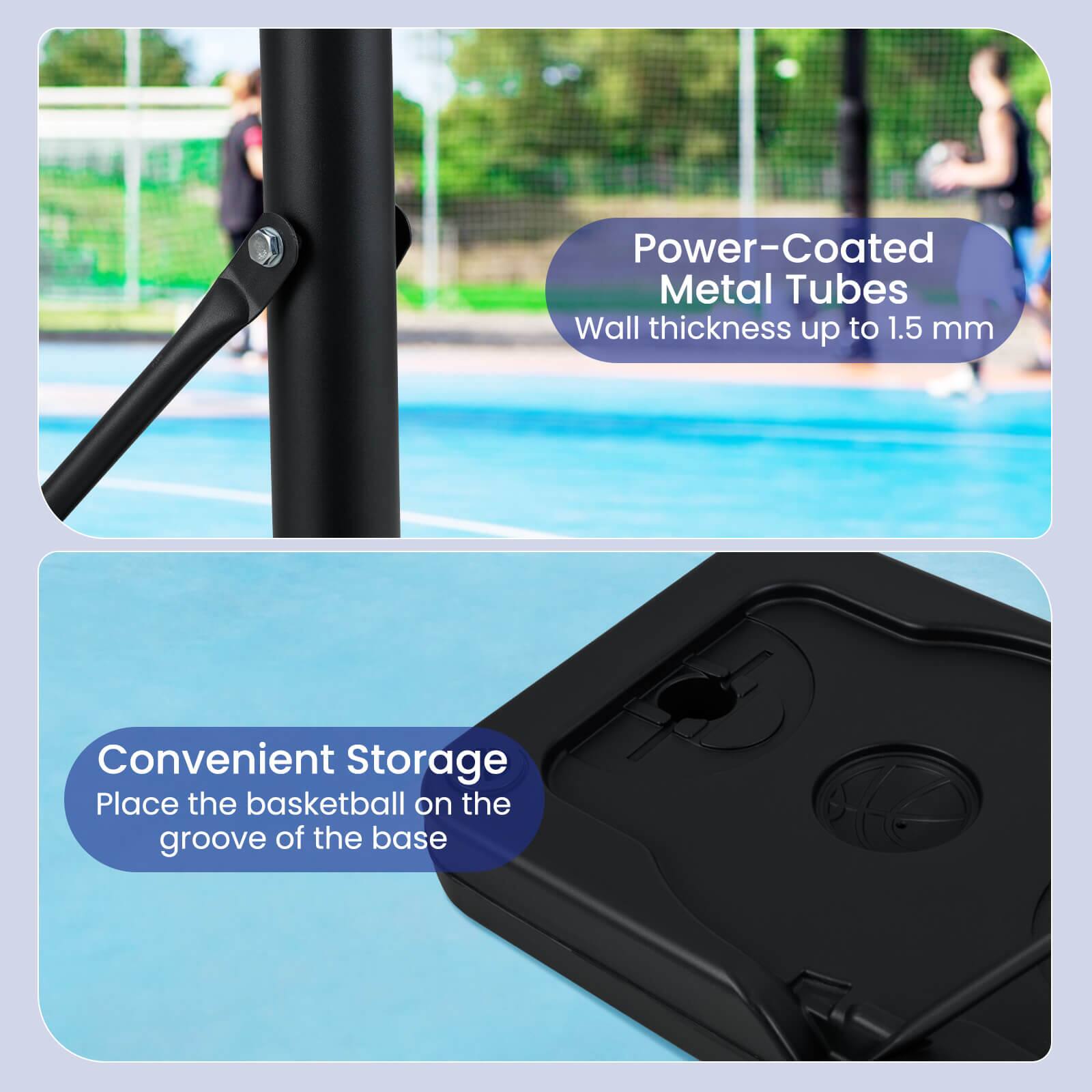 Power-Coated Metal Tubes  
Wall thickness up to 1.5 mm  

Convenient Storage  
Place the basketball on the groove of the base