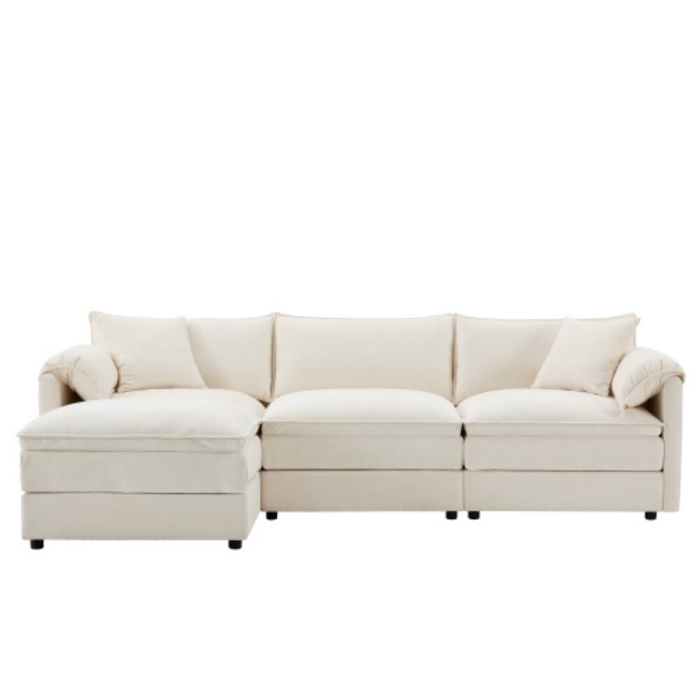 Alt View 4. LUCKY ONE - 103" L-Shape Modular Chenille Cloud Sofa w/ Double Cushions Movable Ottoman - Cream.