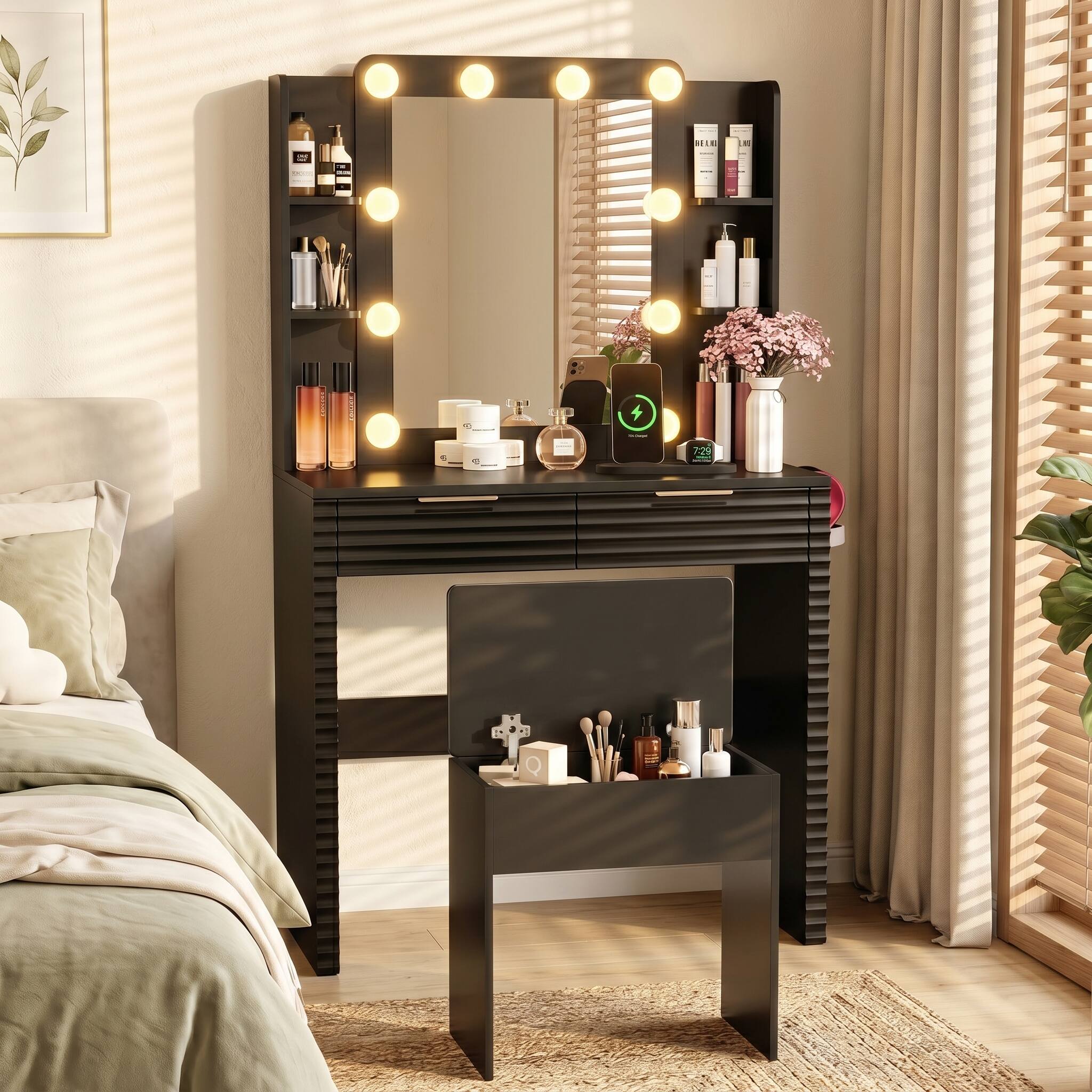 Left. Whisen - Dresser Makeup Vanity Table with 10 Hollywood Bulbs,Charging Station,Storage Stool,2 Drawers and 4 Open Shelves - Black.