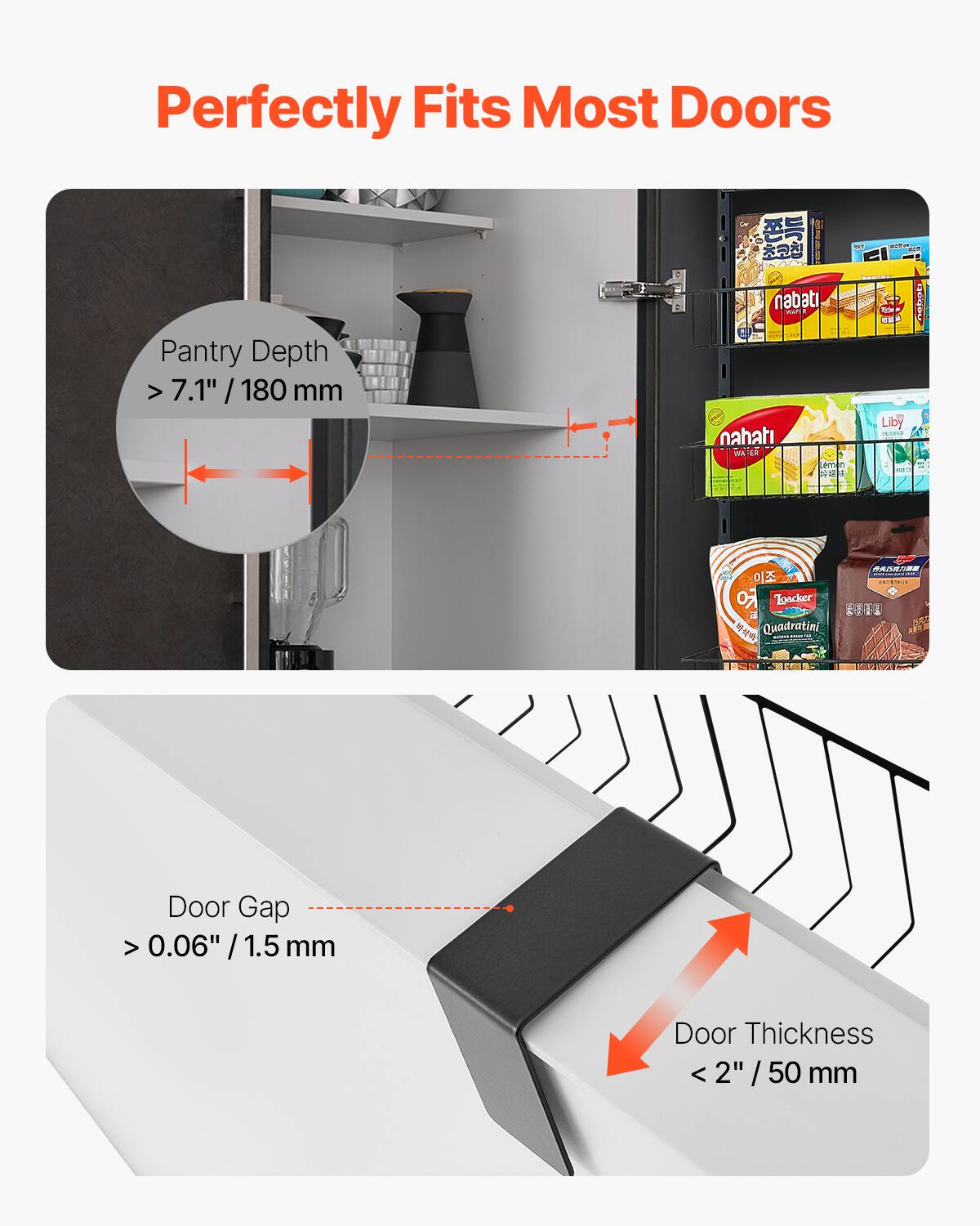 Perfectly Fits Most Doors

Pantry Depth > 7.1" / 180 mm

Door Gap > 0.06" / 1.5 mm

Door Thickness < 2" / 50 mm