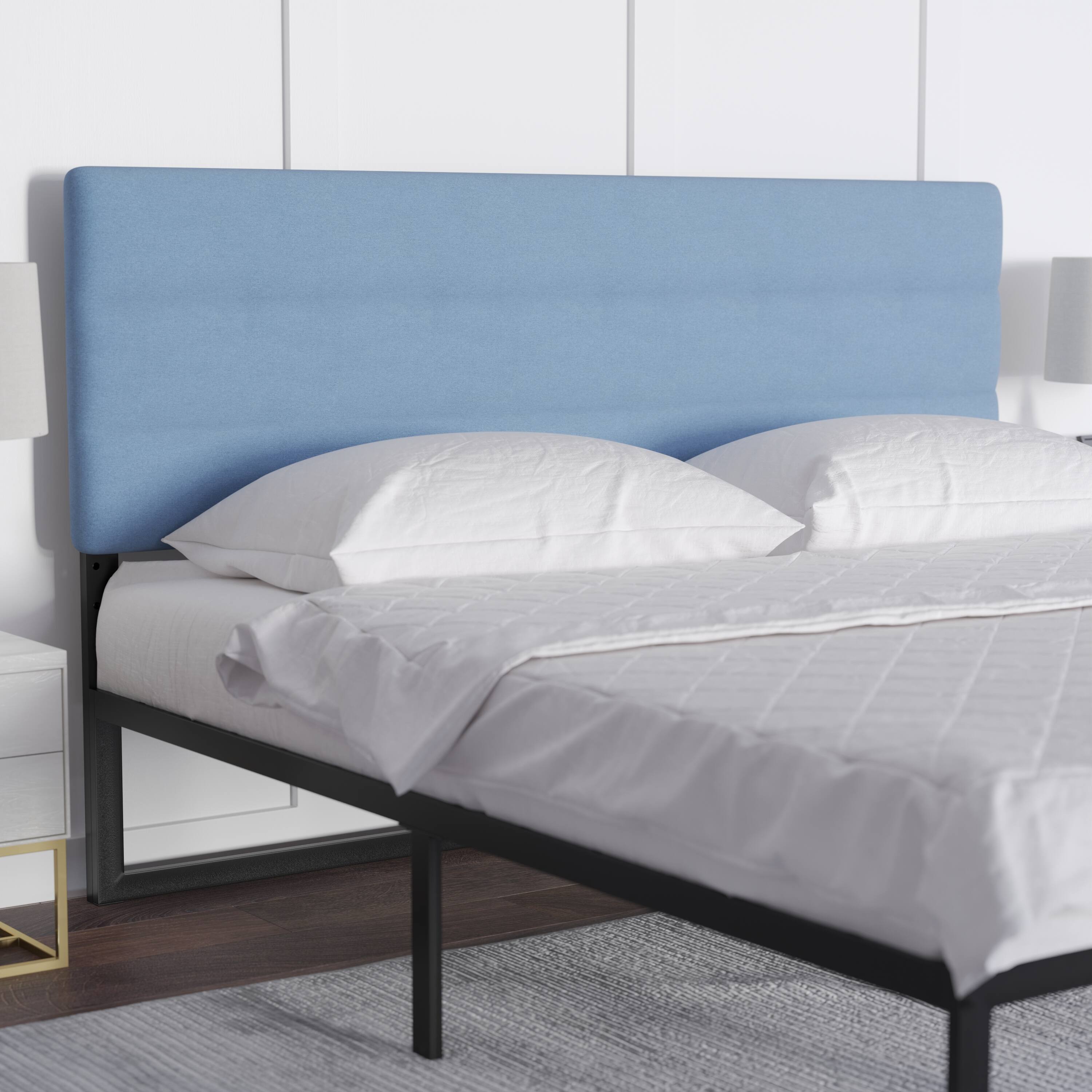 Alt View 2. Emma + Oliver - Gannon Modern Upholstered Headboard with Horizontal Line Stitching and Adjustable Height Rails - Blue.