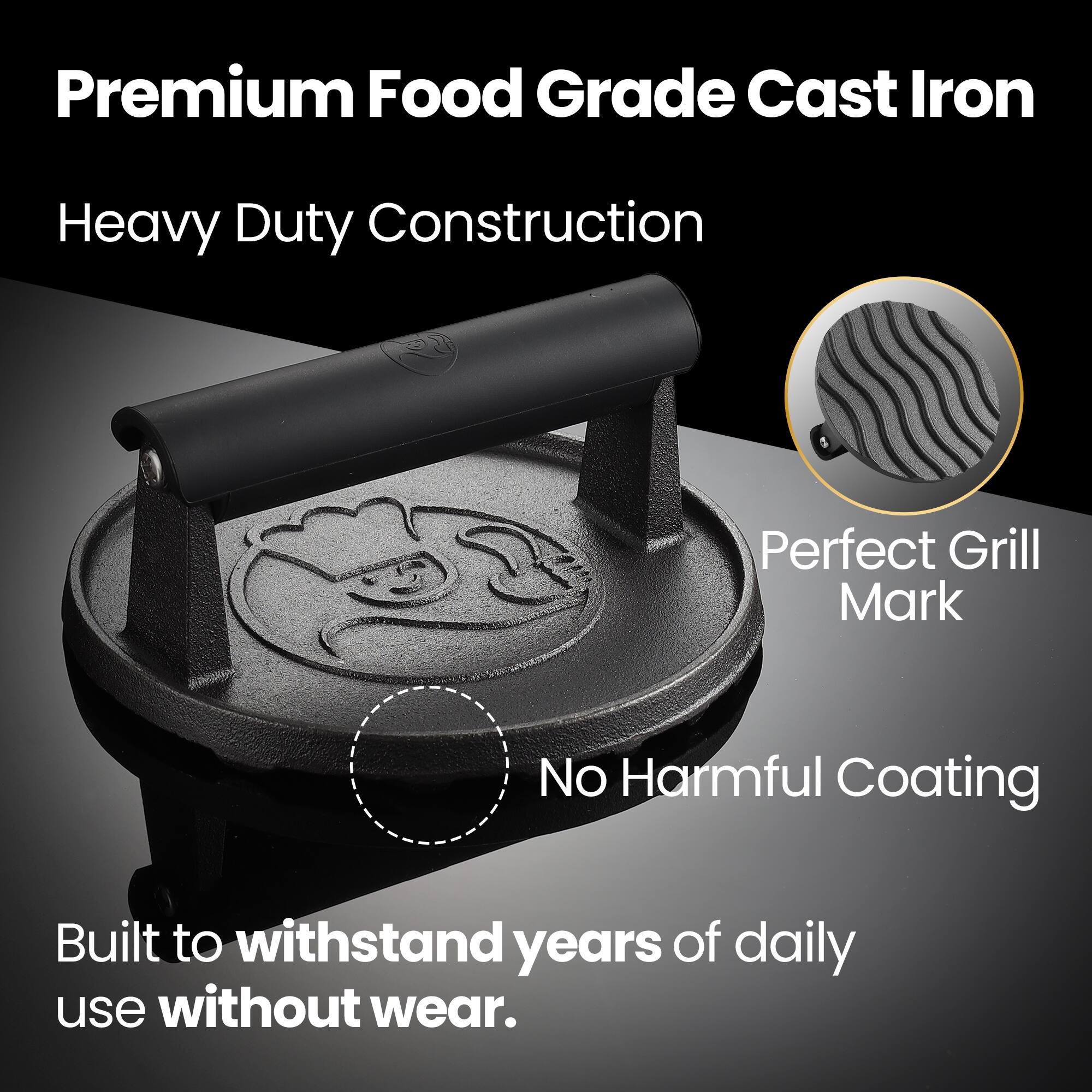 Back. Gourmet Easy - Smash Burger Press for Griddle, 2 lb Heavy Duty Burger Smasher Tool with Heat-Resistant Handle, Premium Cast Iron - Black.