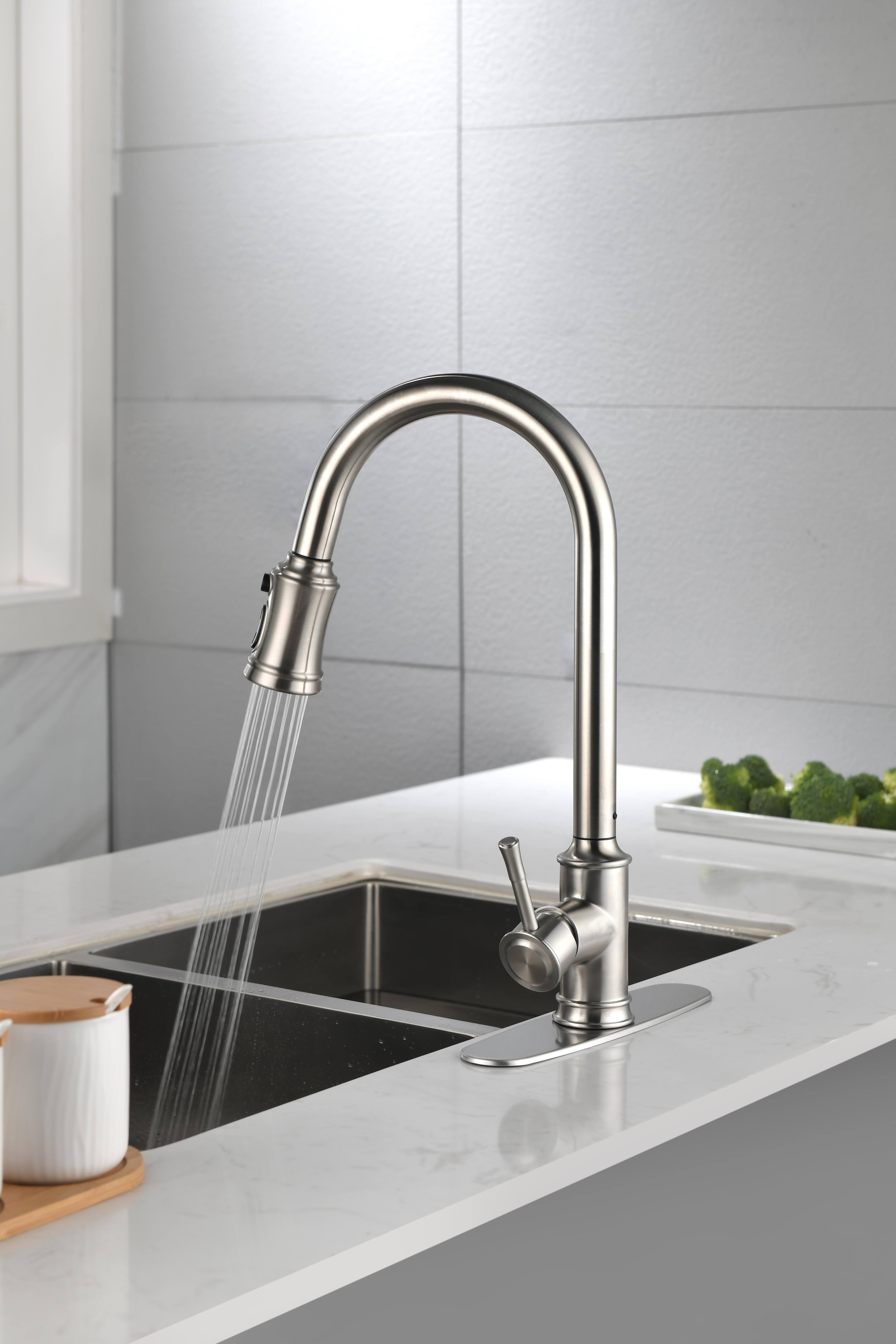 Angle. Siljoy - Single Handle High Arc Pull Out Kitchen Faucet,Single Level Stainless Steel Kitchen Sink Faucets with Pull Down Sprayer - Brushed Nickel.