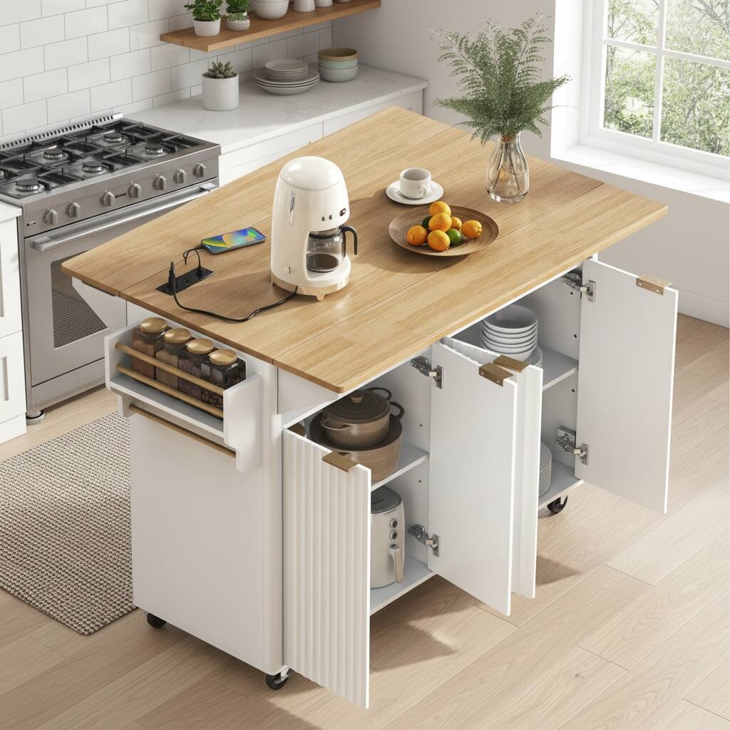 Left. Forest'nSky - 55.5" Fluted Kitchen Island, 4 Doors & Spice Rack, 2 Drop Leaf with Wood-Grain Top, Curved Edge, White - White.
