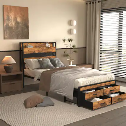 Front. GOODSILO - Twin Size Platform Bed Frame with Storage Drawers and LED Lighting, No Box Spring Needed - Black.