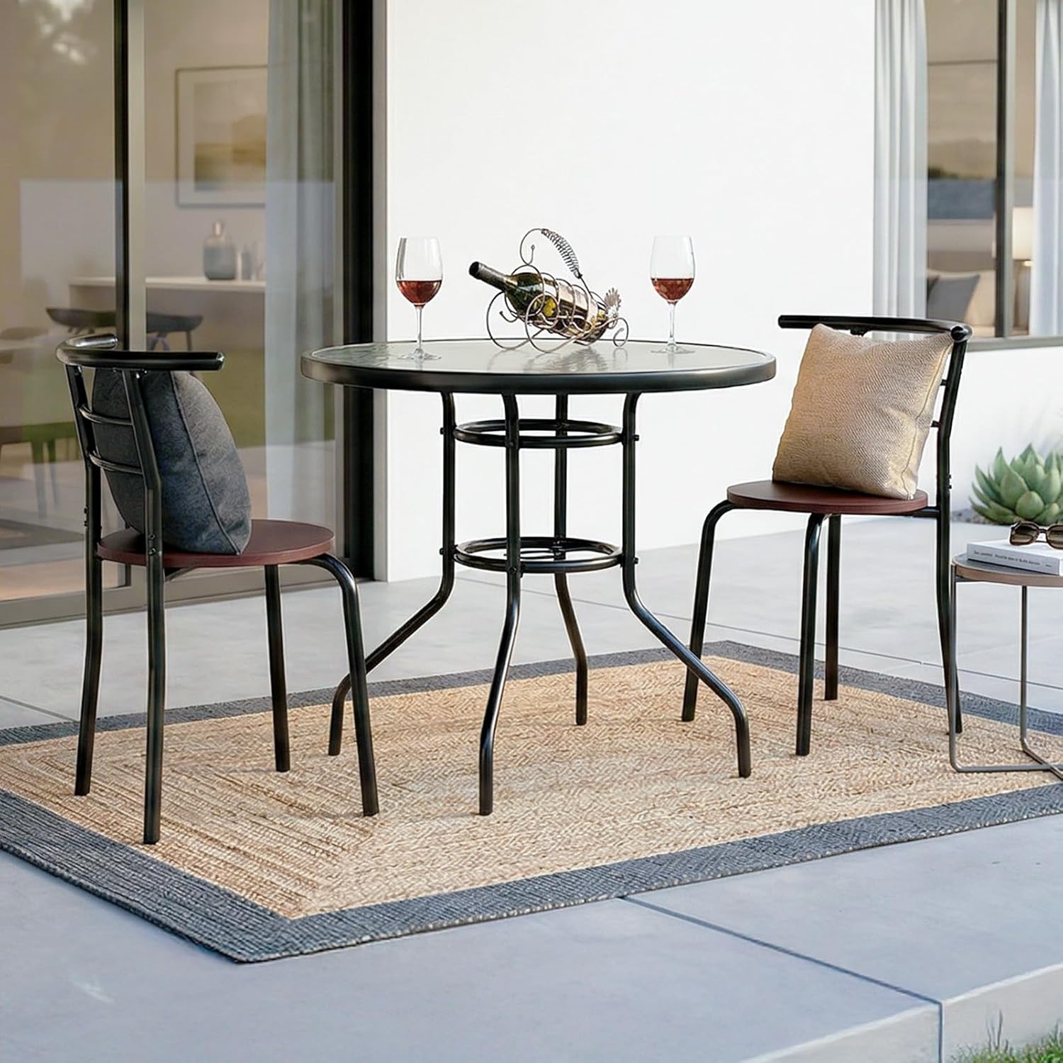 Alt View 7. Winado - 32in Round Patio Table with Umbrella Hole, Steel Tempered Glass Dining Table for Outdoor Indoor Balcony Garden Deck - Black.
