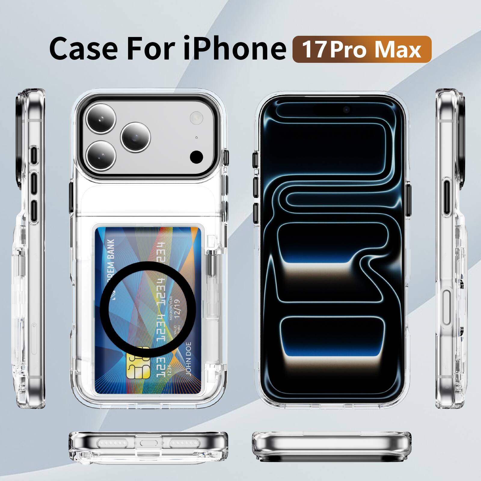 Case For iPhone 17 Pro Max  
REM BANK  
hE2T hE2T hE2T 12:34  
MONTH/VEA VALID 12/19  
JOHN DOE