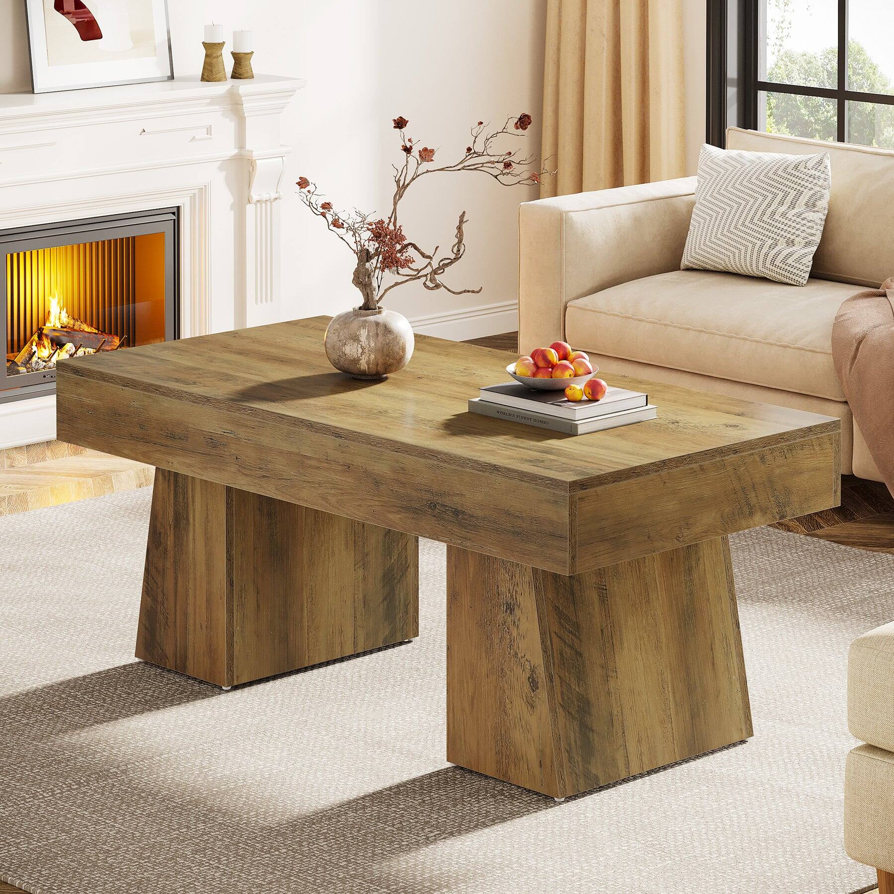 Angle. Tribesigns - Coffee Table with Engineered Wood Construction, Adjustable Feet and Rectangular Top for Living Room - Brown.