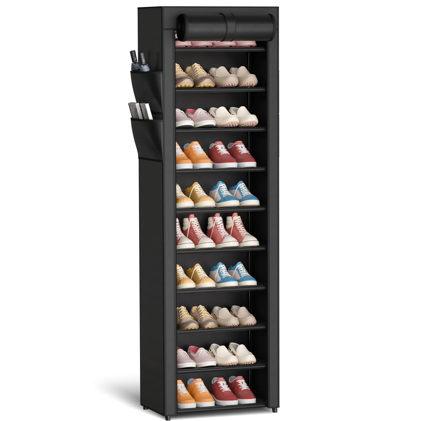 Refined Abode Design - Shoe Rack - 10-tier Large Capacity Organizer Shelf With Dust Cover & Side Pockets Rust-proof Metal For Clos - Black 17.5" x 12.4" x 69.3"
