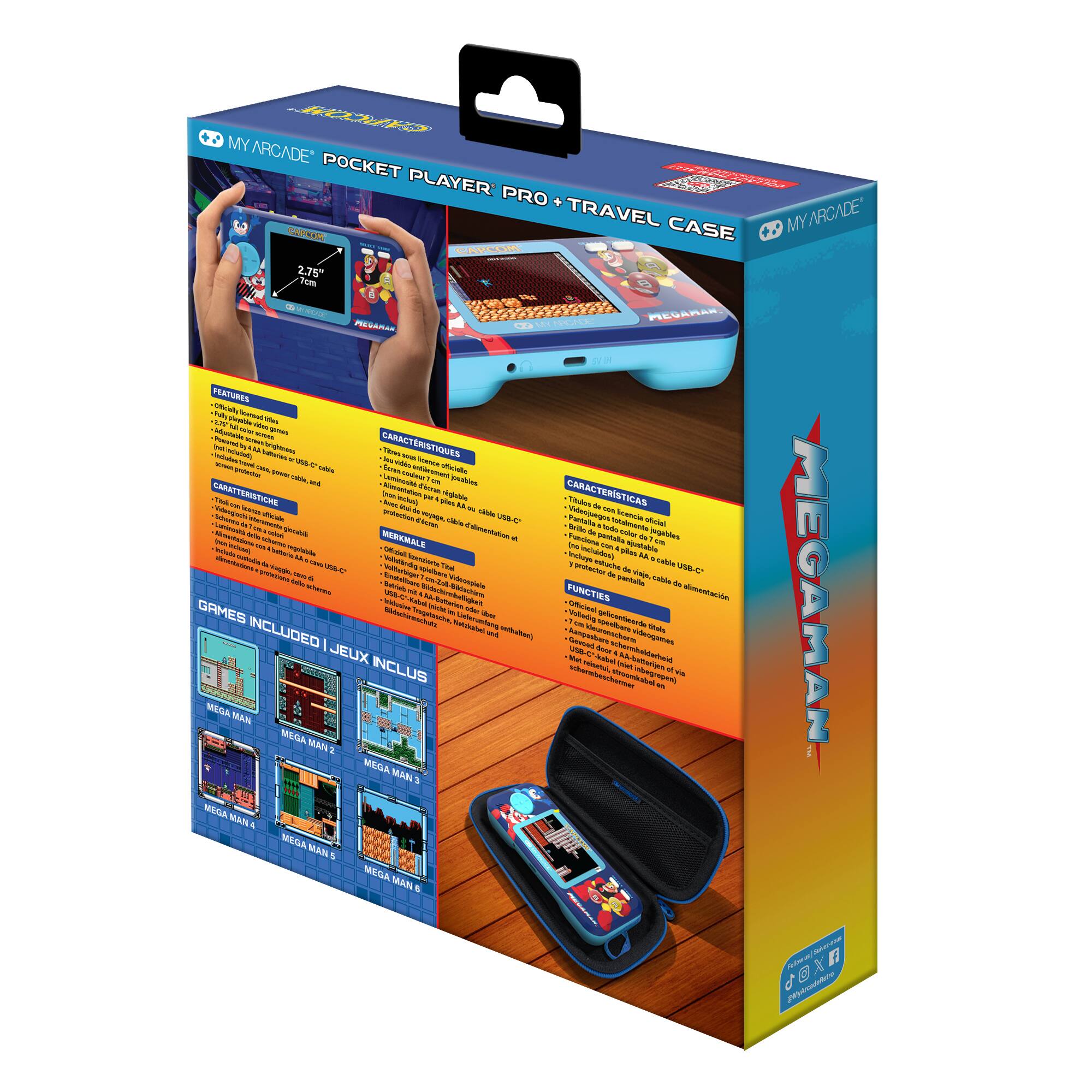**MY ARCADE POCKET PLAYER PRO + TRAVEL CASE**

**FEATURES:**
- Officially licensed handheld
- 2.75" screen
- Full-size directional pad
- 6-button layout
- Built-in speaker
- Micro-USB charging port
- Includes a protective travel case

**CARACTERÍSTICAS:**
- Pantalla de 2.75"
- Teclado de 6 botones
- Altavoz integrado
- Puerto de carga micro-USB
- Incluye funda de viaje

**CARACTERISTIQUES:**
- Écran de 2.75"
- Clavier de 6 boutons
- Haut-parleur intégré
- Port de charge micro-USB
- Inclut un étui de transport

**CARATTERISTICHE:**
- Schermo da 2.75"
- Tastiera da 6 tasti
- Altoparlante integrato
- Porta di ricarica micro-USB
- Include una custodia da viaggio

**MERKMALE:**
- 2.75" Bildschirm
- 6-Tasten-Tastatur
- Int