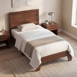 Costway - Twin Size Bed Frame, Mid-Century Platform Bed with Headboard, No Box Spring Needed - Walnut