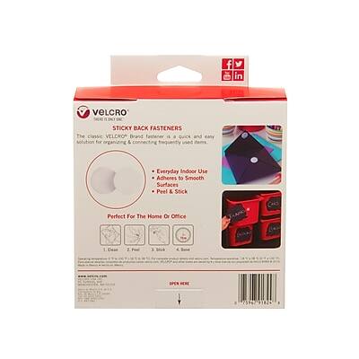 VELCRO INC  
STICKY BACK FASTENERS  

The classic VELCRO® Brand fastener is a quick and easy solution for organizing & connecting frequently used items.  

- Everyday Indoor Use  
- Adheres to Smooth Surfaces  
- Peel & Stick  

Perfect For The Home Or Office  

1. Clean  
2. Peel  
3. Stick  
4. Open  

OPEN HERE  

0 7590 91824 0