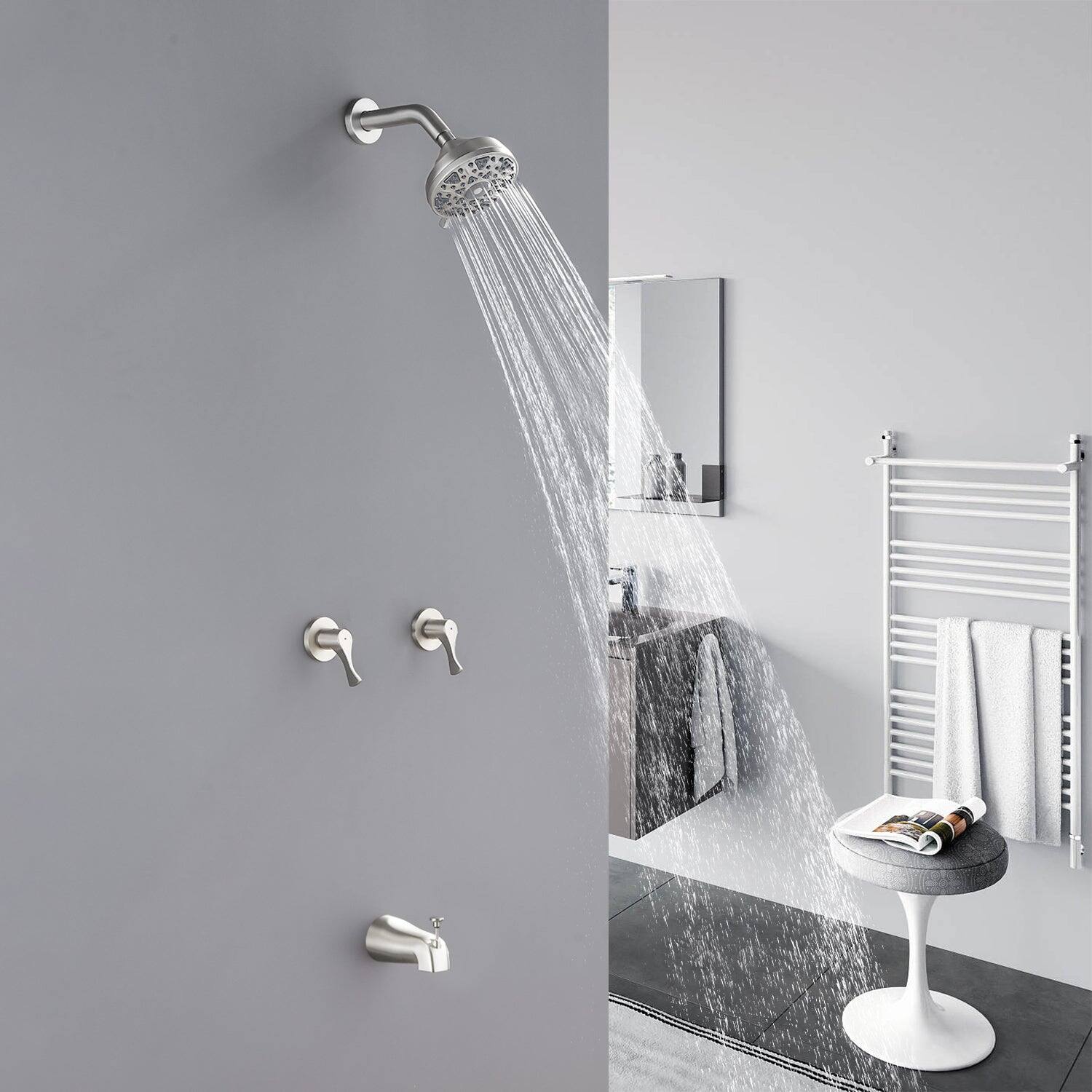 Alt View 3. Boyel Living - Brushed Nickel Shower Set with 6 Function ABS Shower Head Dual Handle Control and High Flow Tub Spout - Brushed Nickel.