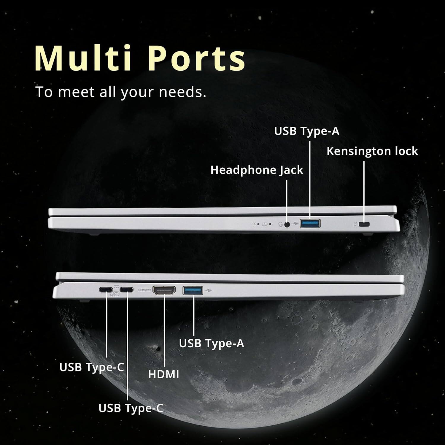 Multi Ports  
To meet all your needs.  

- USB Type-A  
- Headphone Jack  
- Kensington lock  

- USB Type-C  
- HDMI  
- USB Type-C  
- USB Type-A