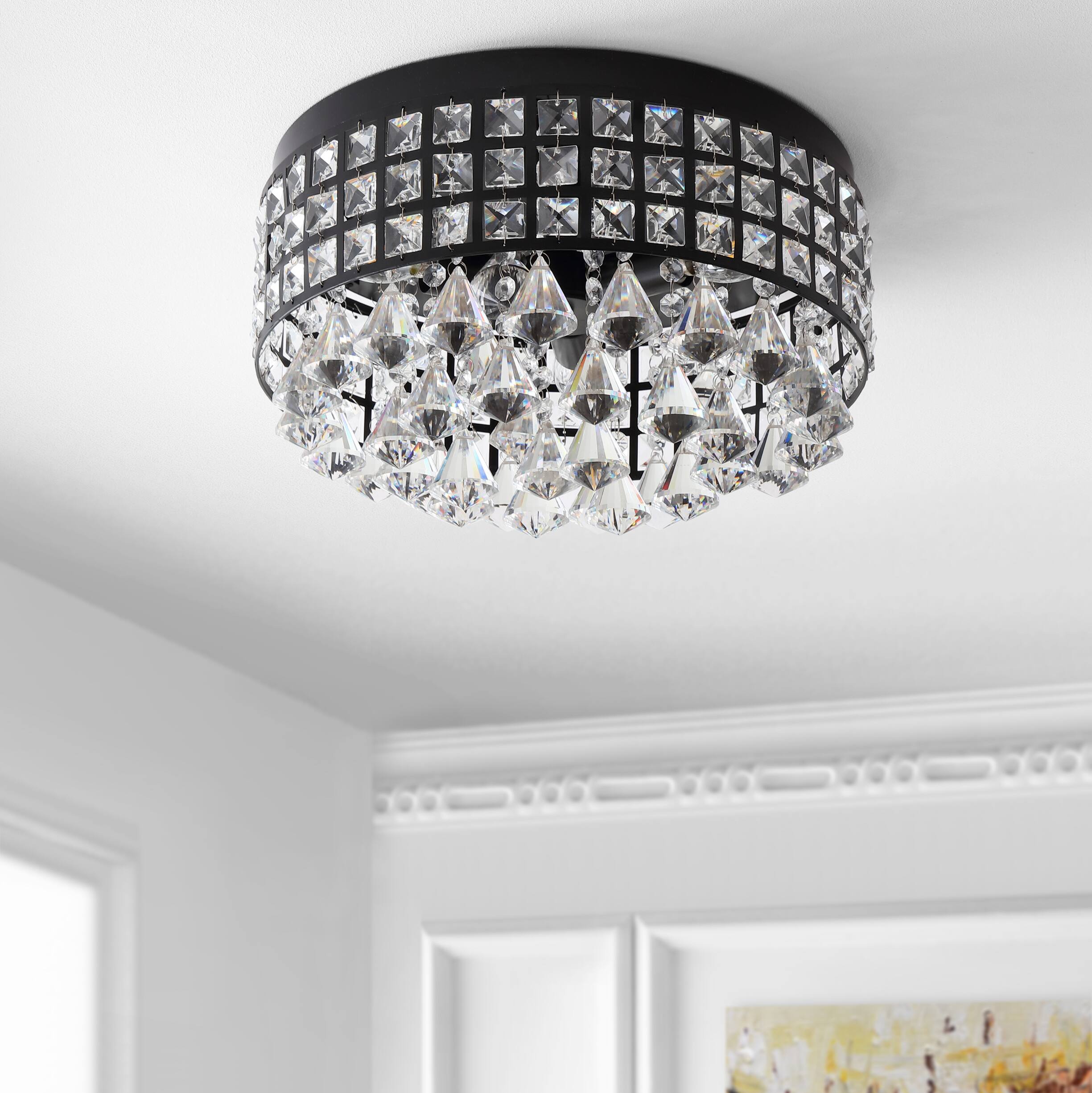 Alt View 4. Jonathan Y - Meredith 14.5" 3-Light Crystal Drops/Metal LED Flush Mount, Black - Black/Clear.