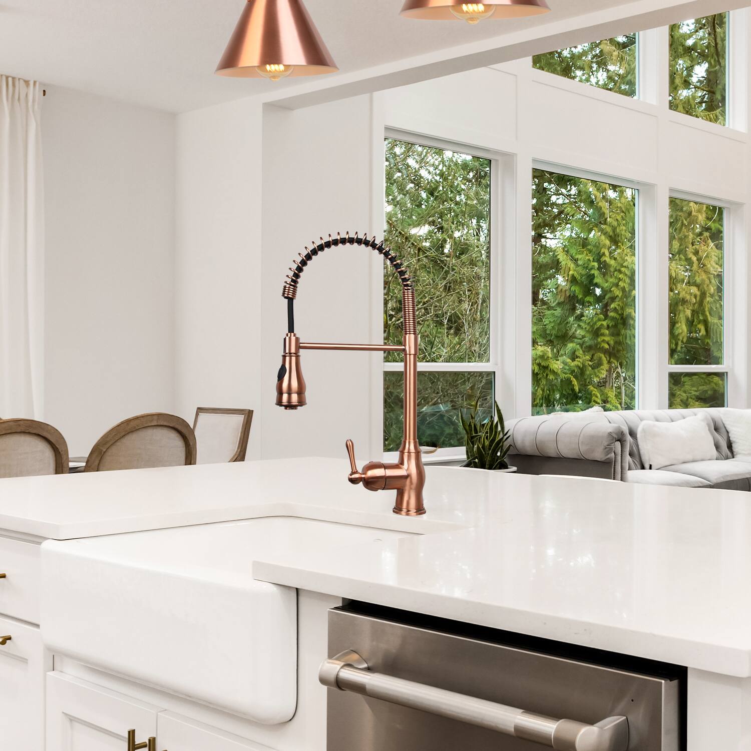 Alt View 5. Akicon - Akicon Pre-Rinse Spring 360° Swivel Solid Brass Single Handle Kitchen Faucet with Pull Down Sprayer in Copper - Copper.