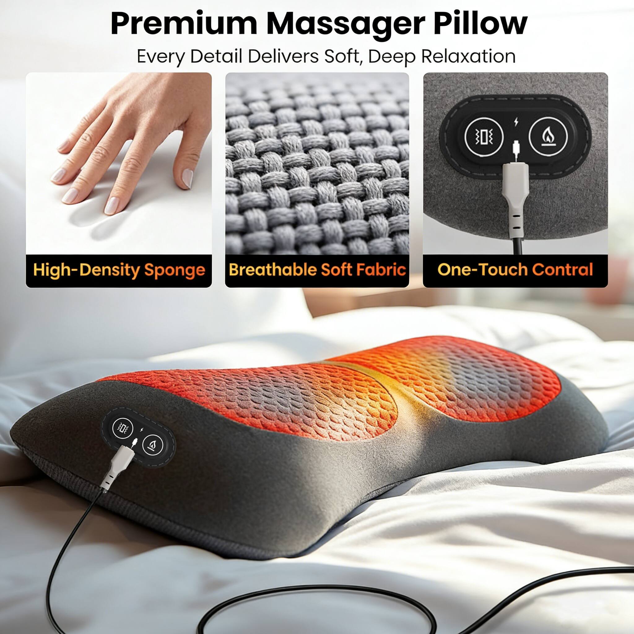 Premium Massager Pillow  
Every Detail Delivers Soft, Deep Relaxation  

- High-Density Sponge  
- Breathable Soft Fabric  
- One-Touch Control