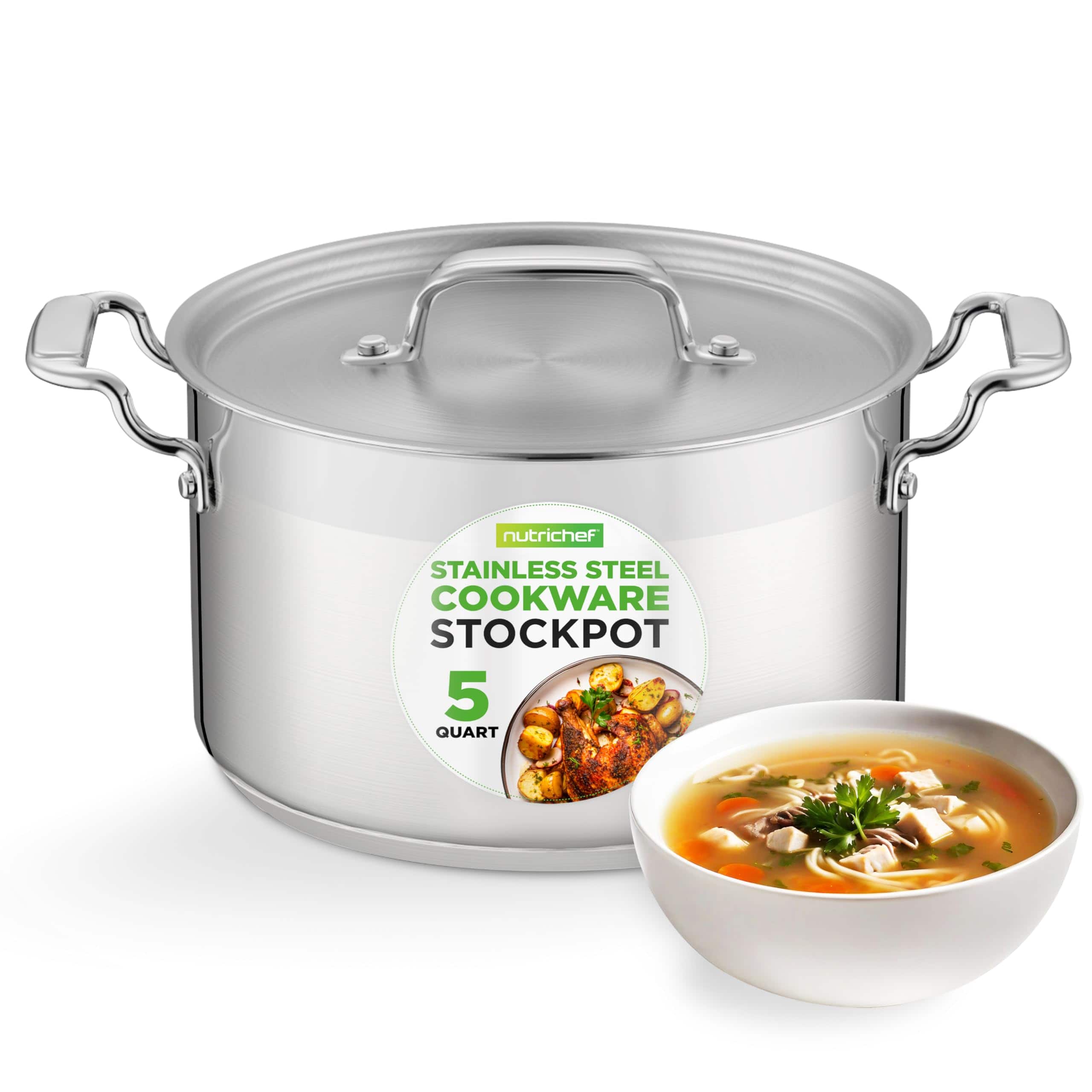 NutriChef - 5-Quart Stainless Steel Stock Pot with Lid, Heavy Duty for Stews & Soups - NCSPT5Q - Silver