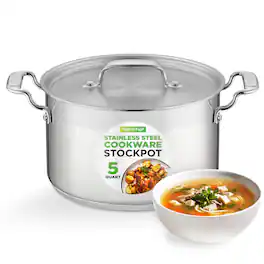 NutriChef - 5-Quart Stainless Steel Stock Pot with Lid, Heavy Duty for Stews & Soups - NCSPT5Q - Silver