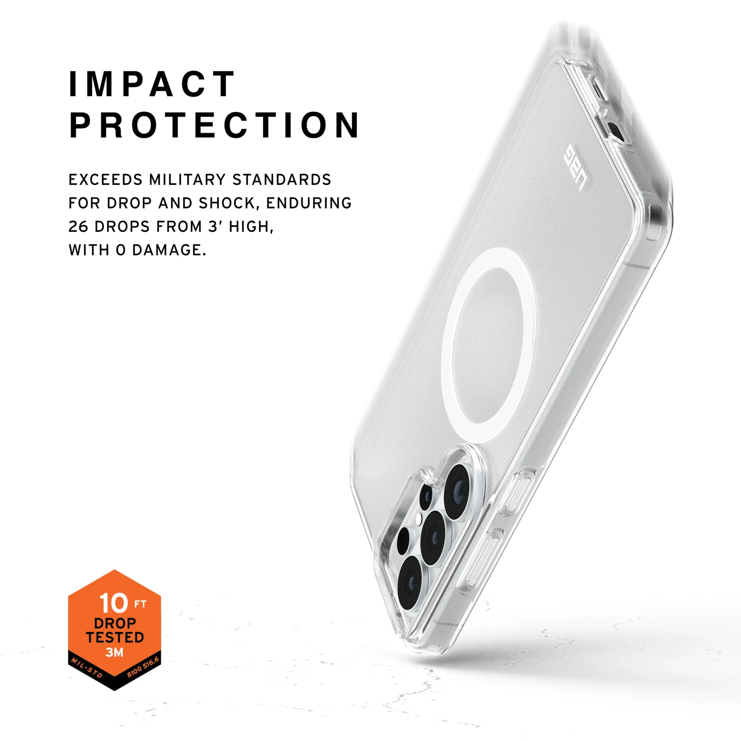 IMPACT PROTECTION

EXCEEDS MILITARY STANDARDS FOR DROP AND SHOCK, ENDURING 26 DROPS FROM 3' HIGH, WITH 0 DAMAGE.

10 FT DROP TESTED 3M - S16.6 MIL-STD